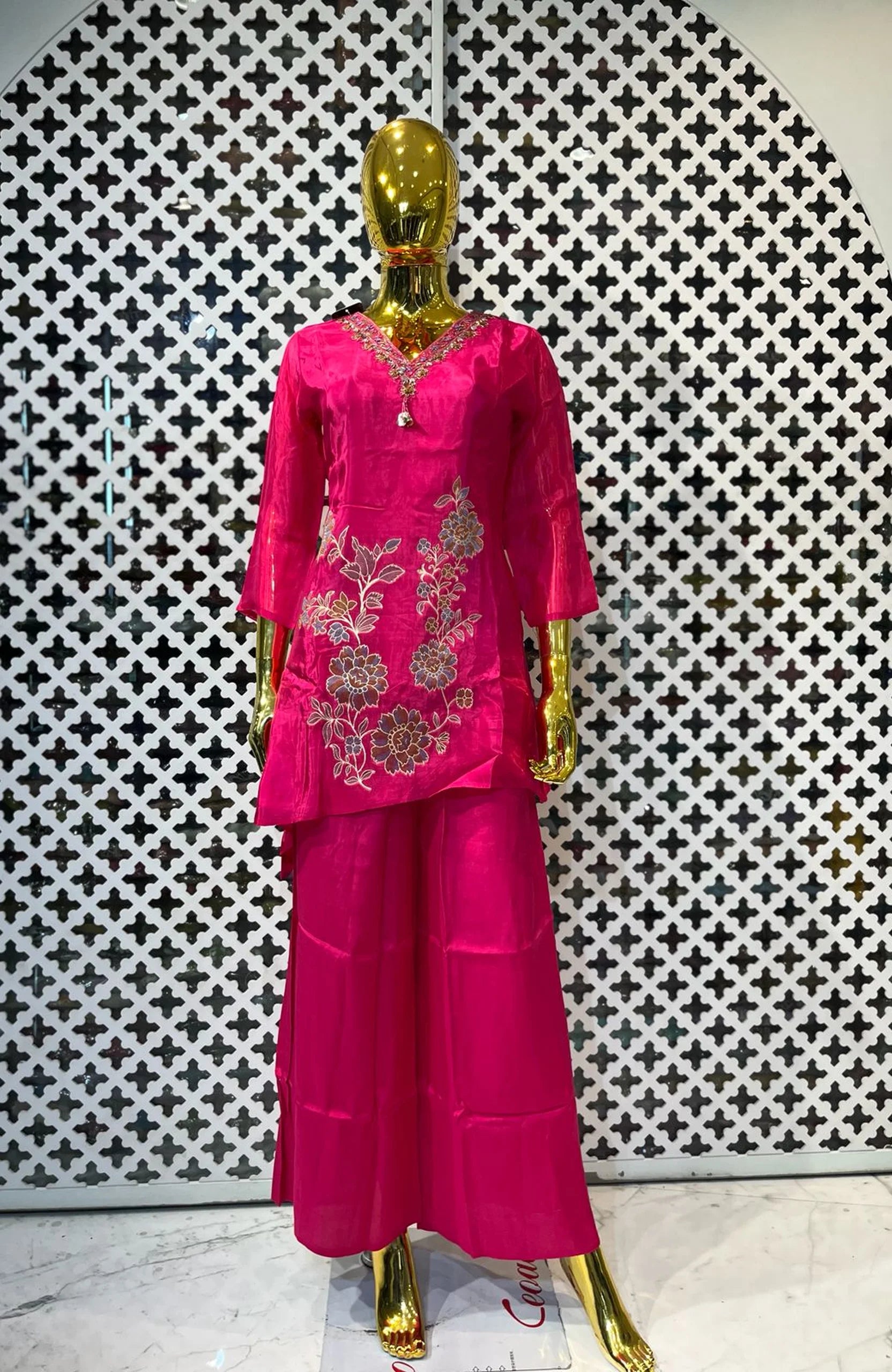 Cherry Pink Hand Work Co-Ord Set for Women | Jacquard Work Designer 2 Piece Cord Set