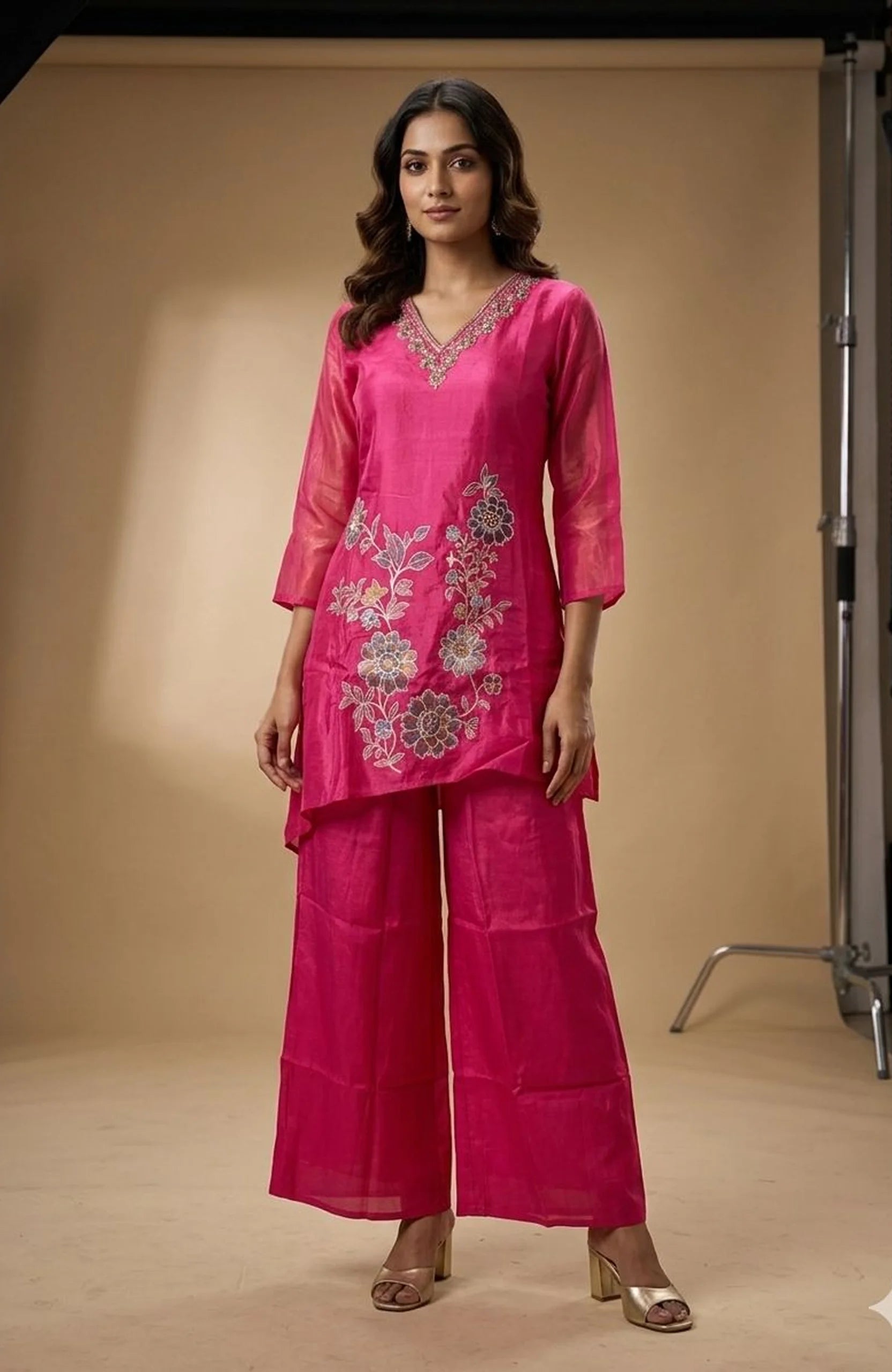 Cherry Pink Hand Work Co-Ord Set for Women | Jacquard Work Designer 2 Piece Cord Set