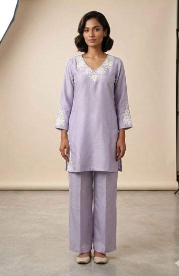 Lavender Pure Silk Embroidered Co-Ord Set for Women | Elegant 2 Piece Designer Cord Set