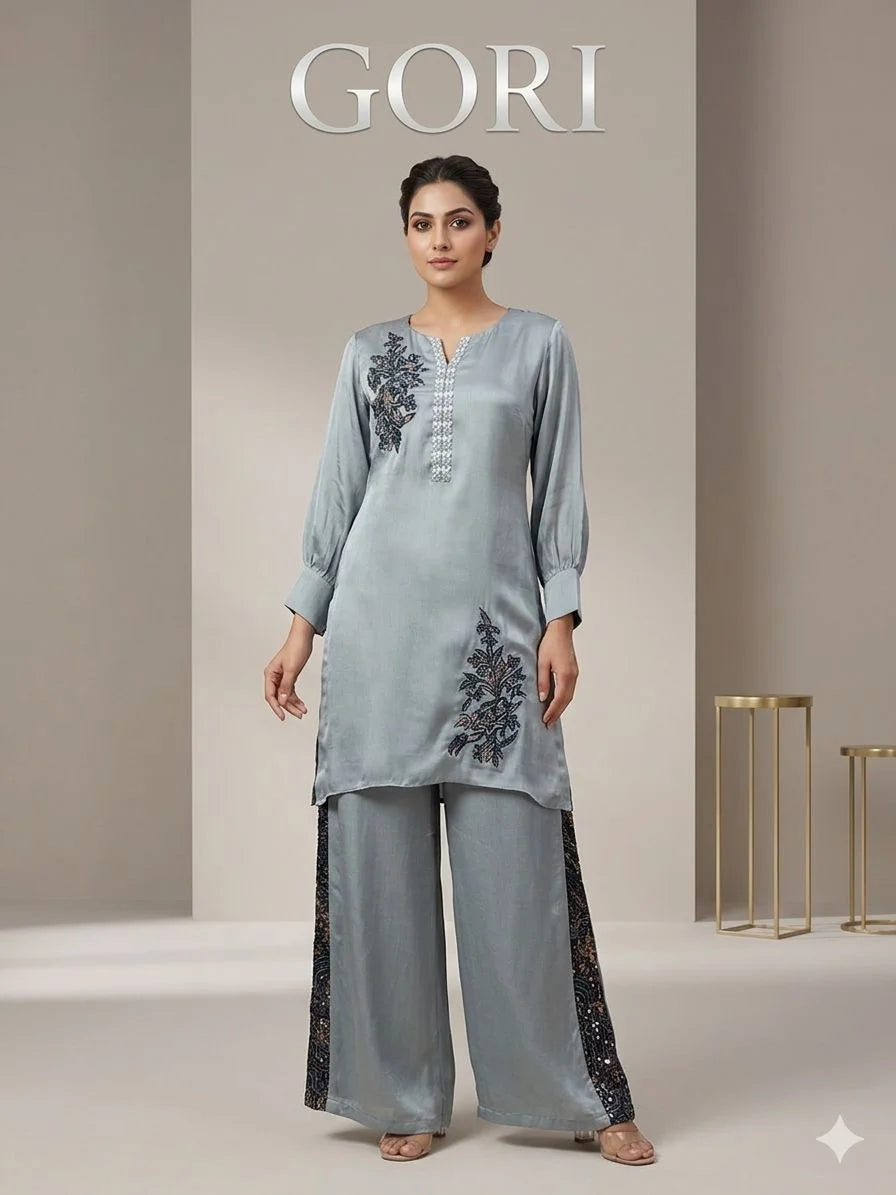 Grey Pure Chinon Handwork Broach 2 Piece Cord Set for Women | Designer Ethnic Co-ord Set