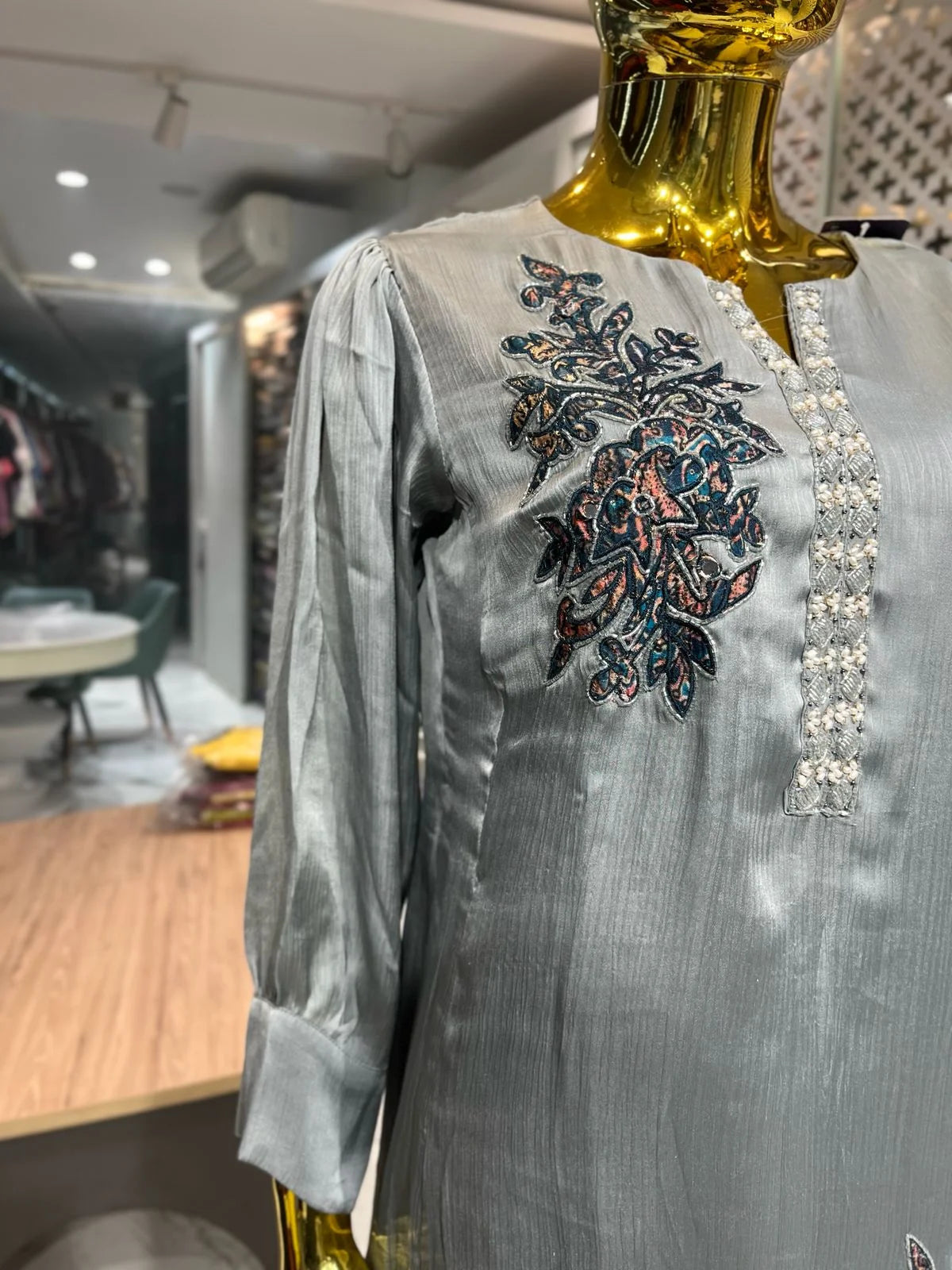 Grey Pure Chinon Handwork Broach 2 Piece Cord Set for Women | Designer Ethnic Co-ord Set