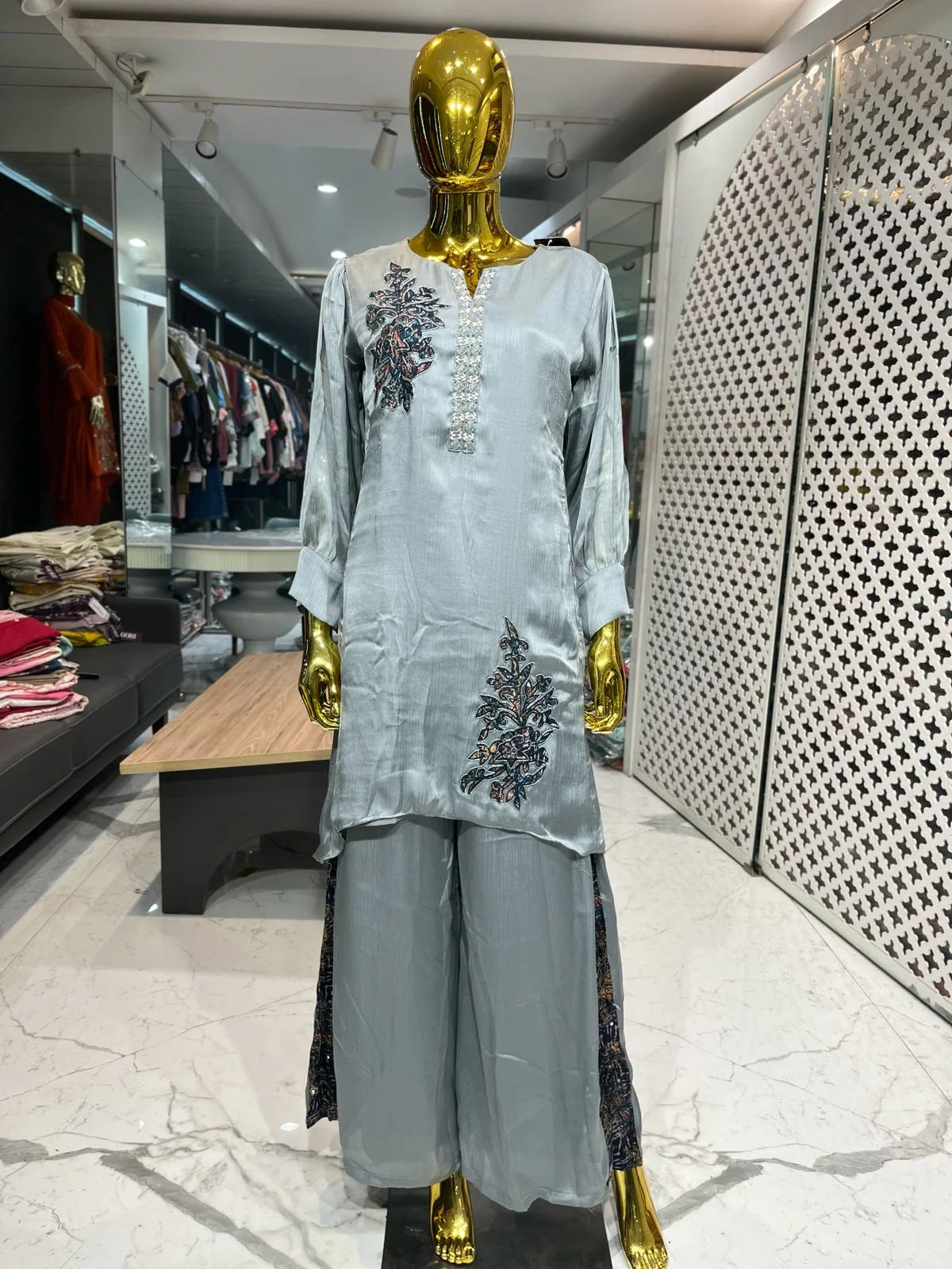 Grey Pure Chinon Handwork Broach 2 Piece Cord Set for Women | Designer Ethnic Co-ord Set