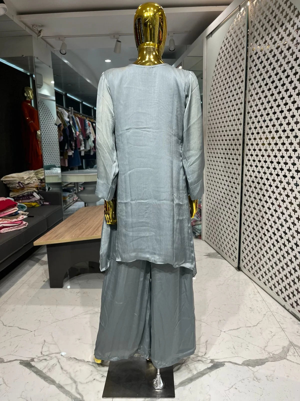 Grey Pure Chinon Handwork Broach 2 Piece Cord Set for Women | Designer Ethnic Co-ord Set
