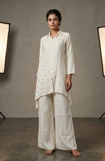 Off White Mirror Work Co-Ord Set for Women | Natural Crepe Handcrafted 2 Piece Designer Cord Set