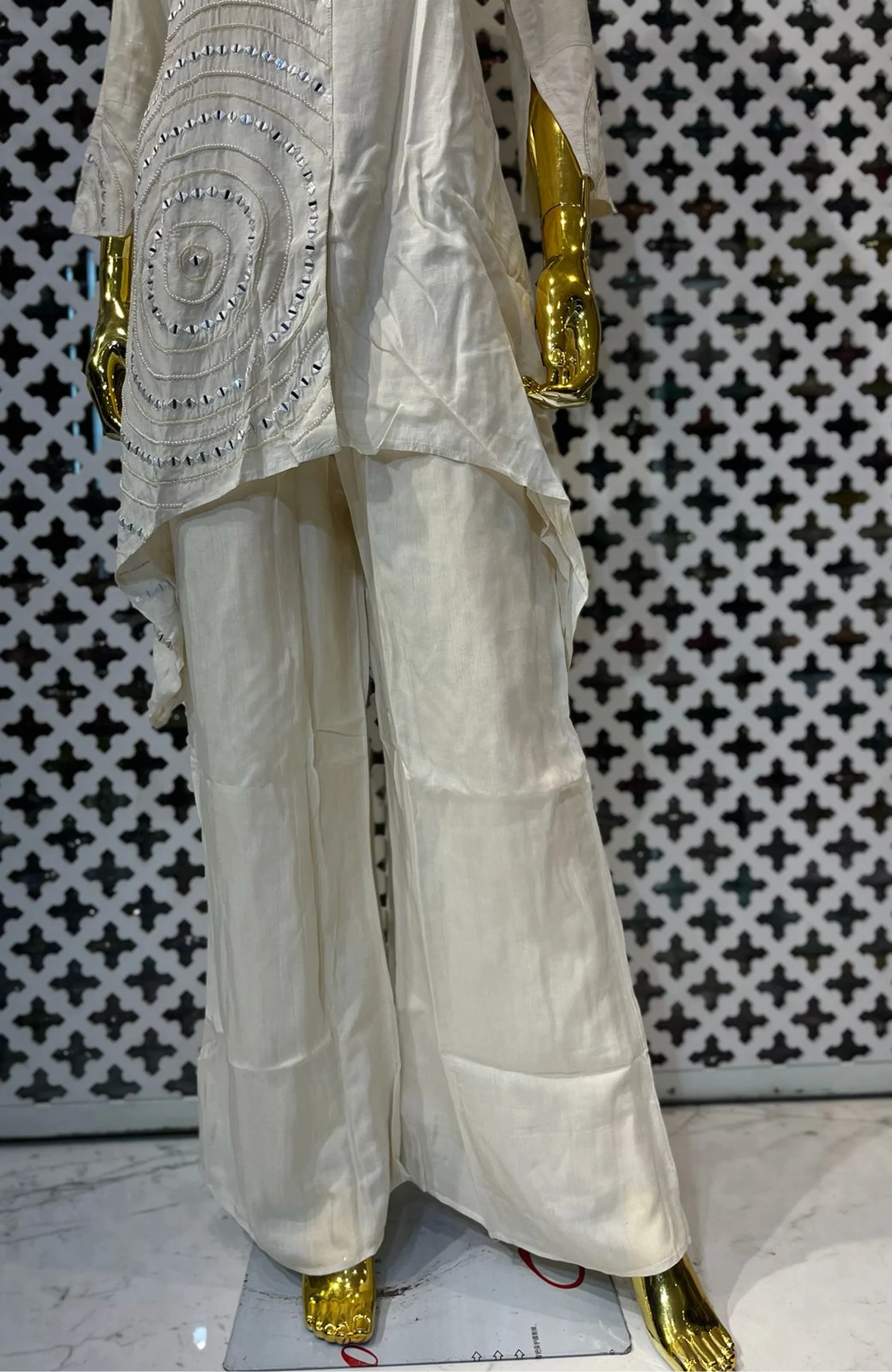 Off White Mirror Work Co-Ord Set for Women | Natural Crepe Handcrafted 2 Piece Designer Cord Set