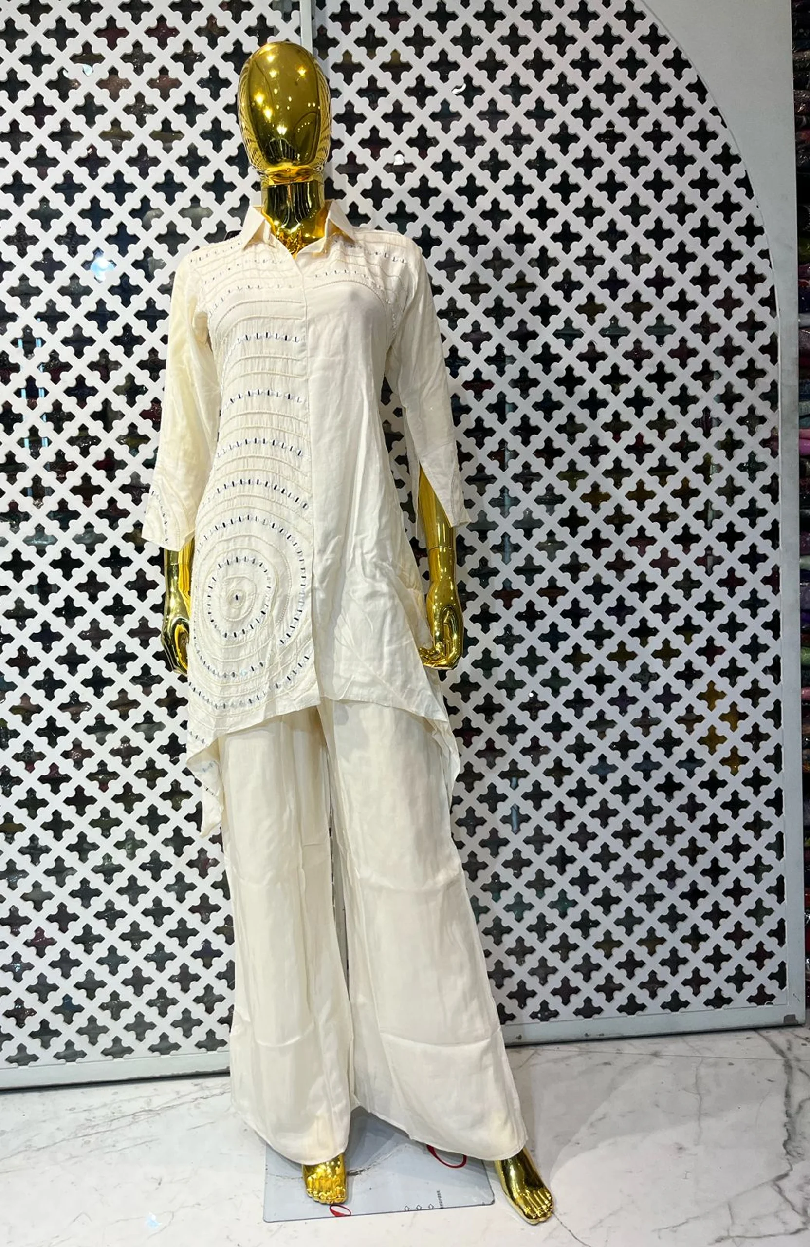 Off White Mirror Work Co-Ord Set for Women | Natural Crepe Handcrafted 2 Piece Designer Cord Set