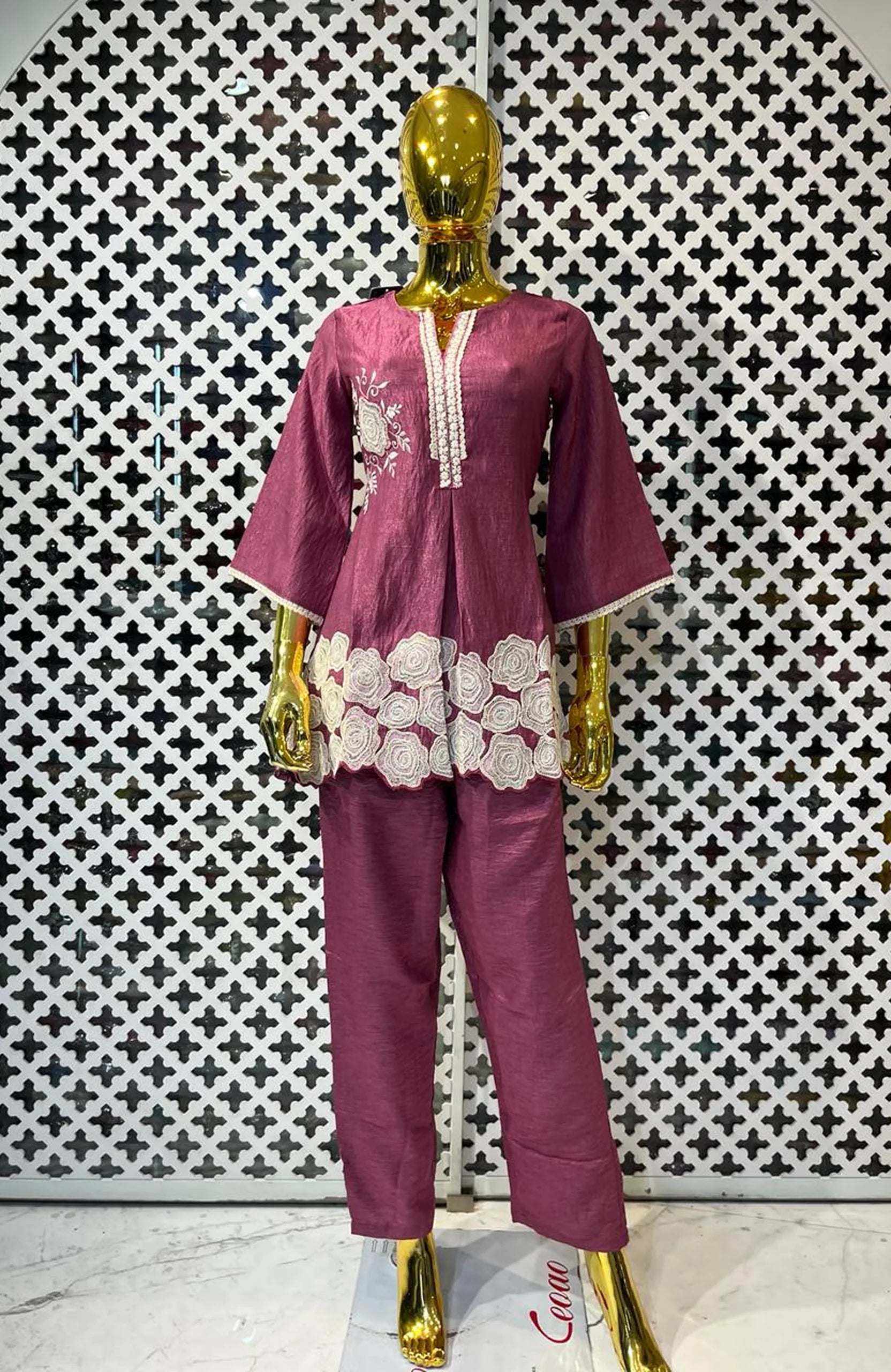 Dark Onion Shimmer Embroidered Co-Ord Set for Women | Sequin Work Designer 2 Piece Cord Set