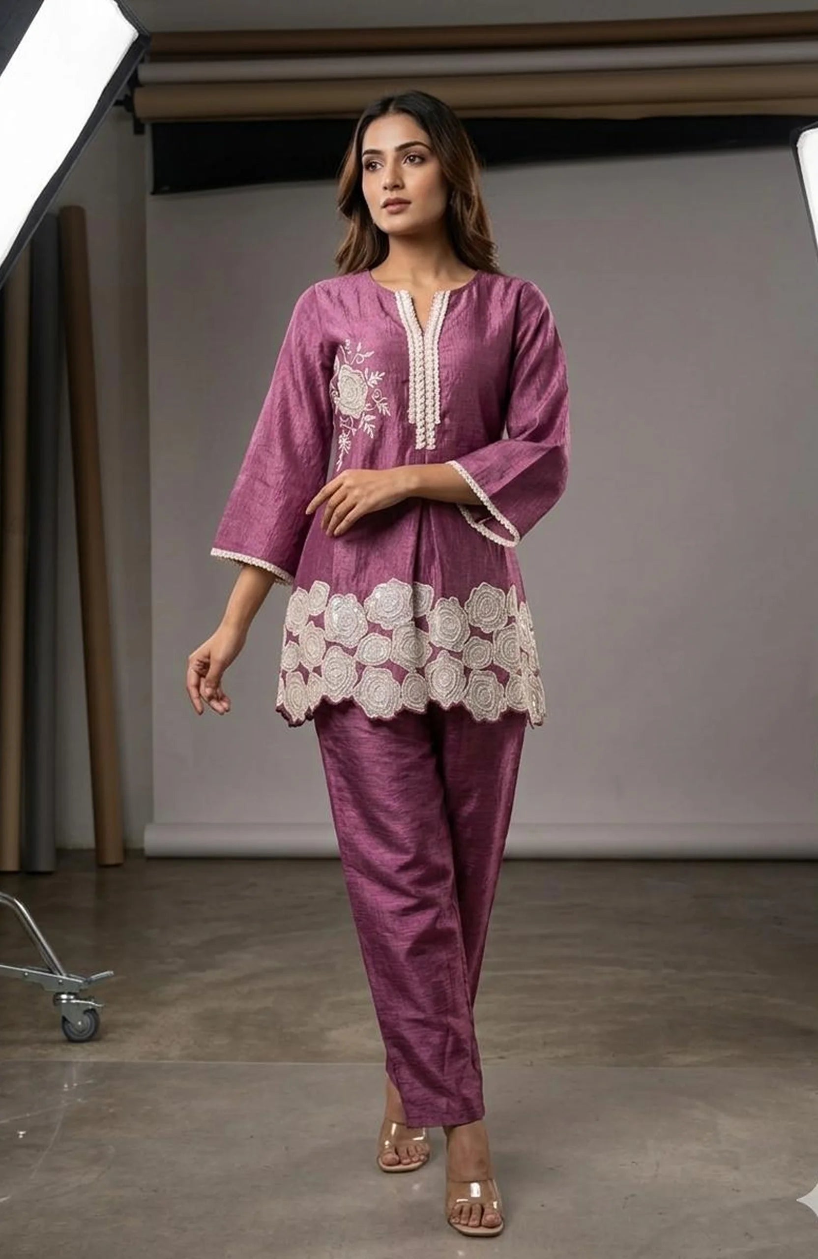 Dark Onion Shimmer Embroidered Co-Ord Set for Women | Sequin Work Designer 2 Piece Cord Set