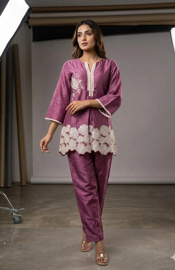 Dark Onion Shimmer Embroidered Co-Ord Set for Women | Sequin Work Designer 2 Piece Cord Set