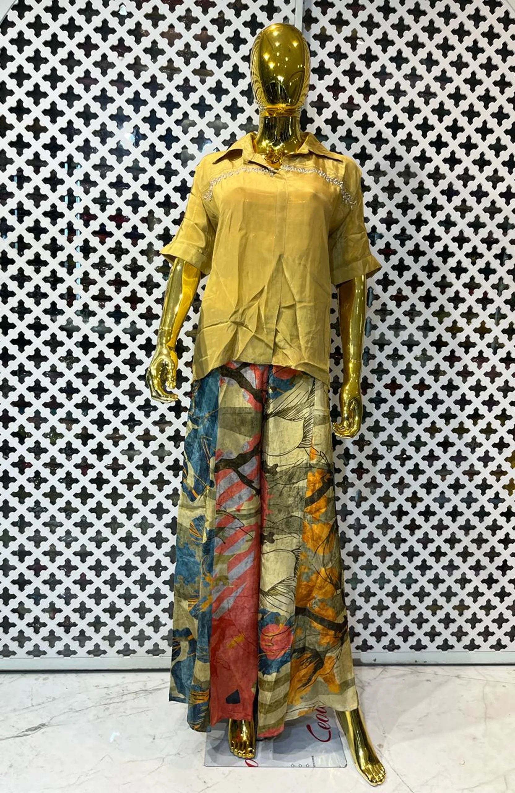 Mustard Yellow Co-Ord Set for Women with Digital Print Palazzo | Natural Crepe Hand Work 2 Piece Cord Set