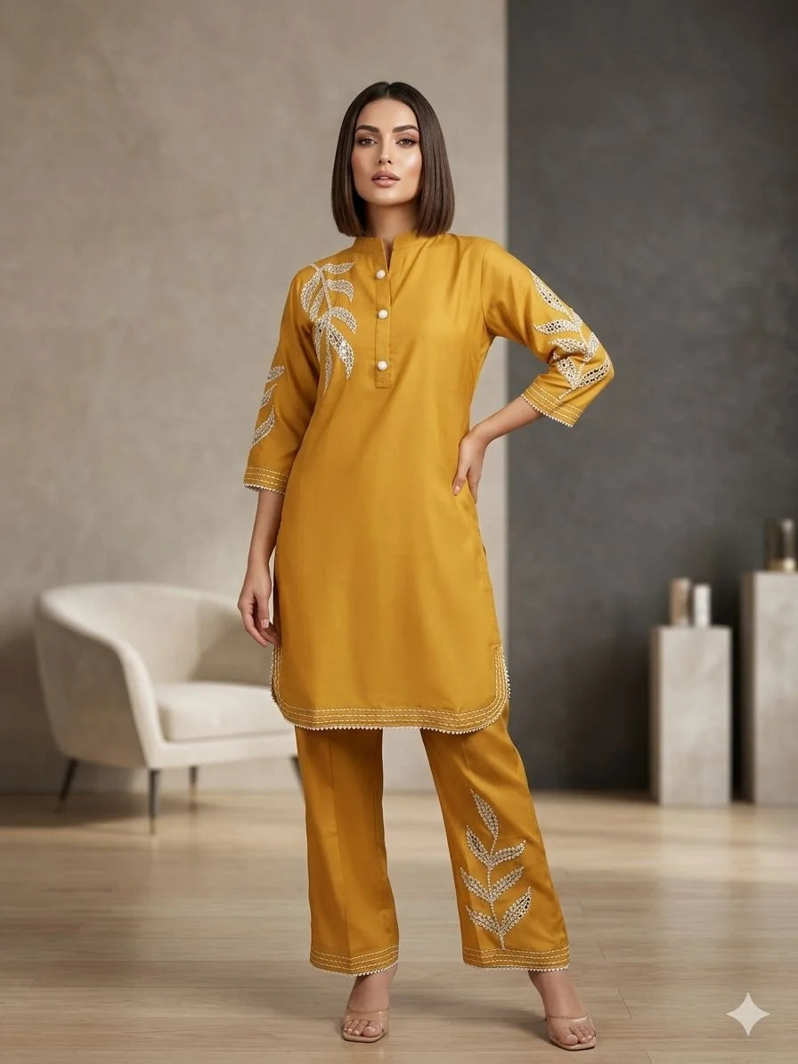 Mustard Yellow Silk Mirror Work 2 Piece Cord Set for Women | Designer Ethnic Co-ord Set