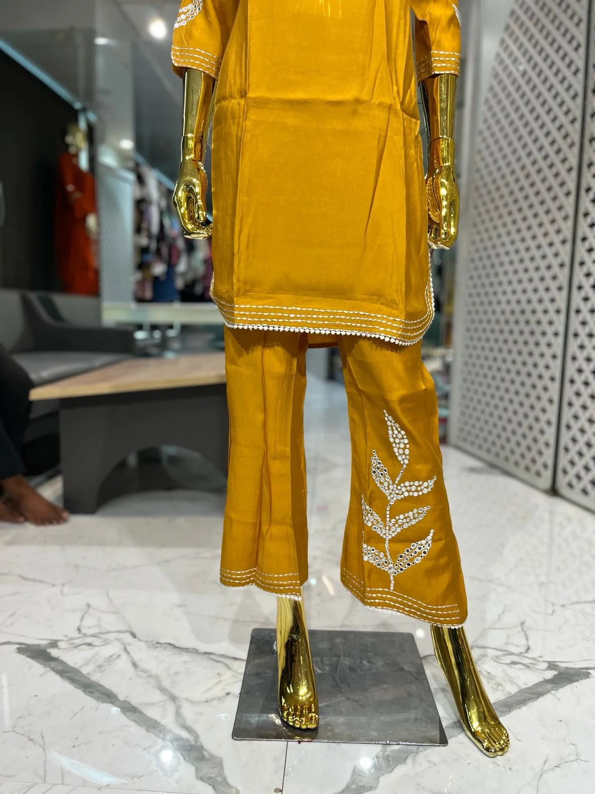 Mustard Yellow Silk Mirror Work 2 Piece Cord Set for Women | Designer Ethnic Co-ord Set
