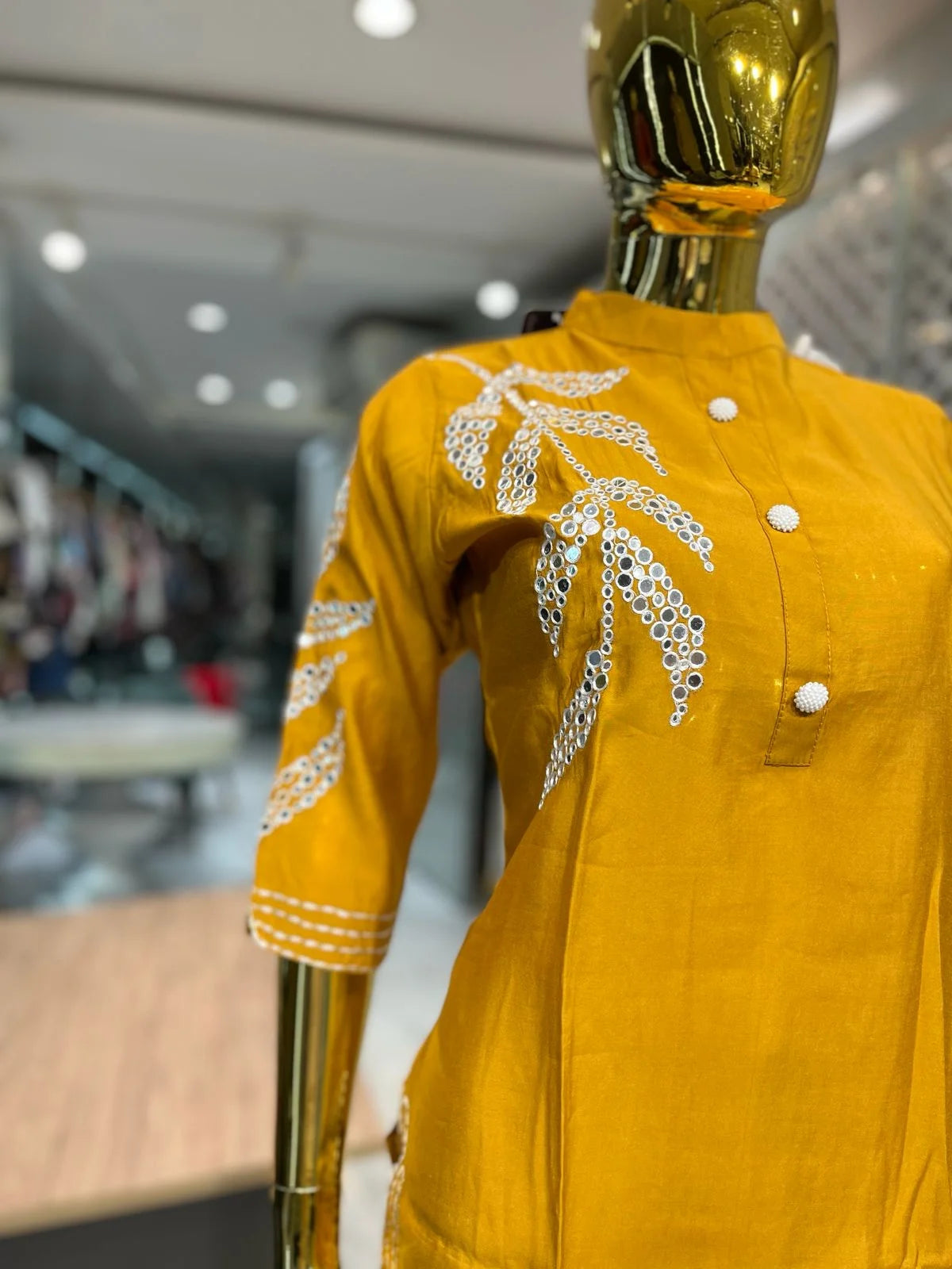 Mustard Yellow Silk Mirror Work 2 Piece Cord Set for Women | Designer Ethnic Co-ord Set