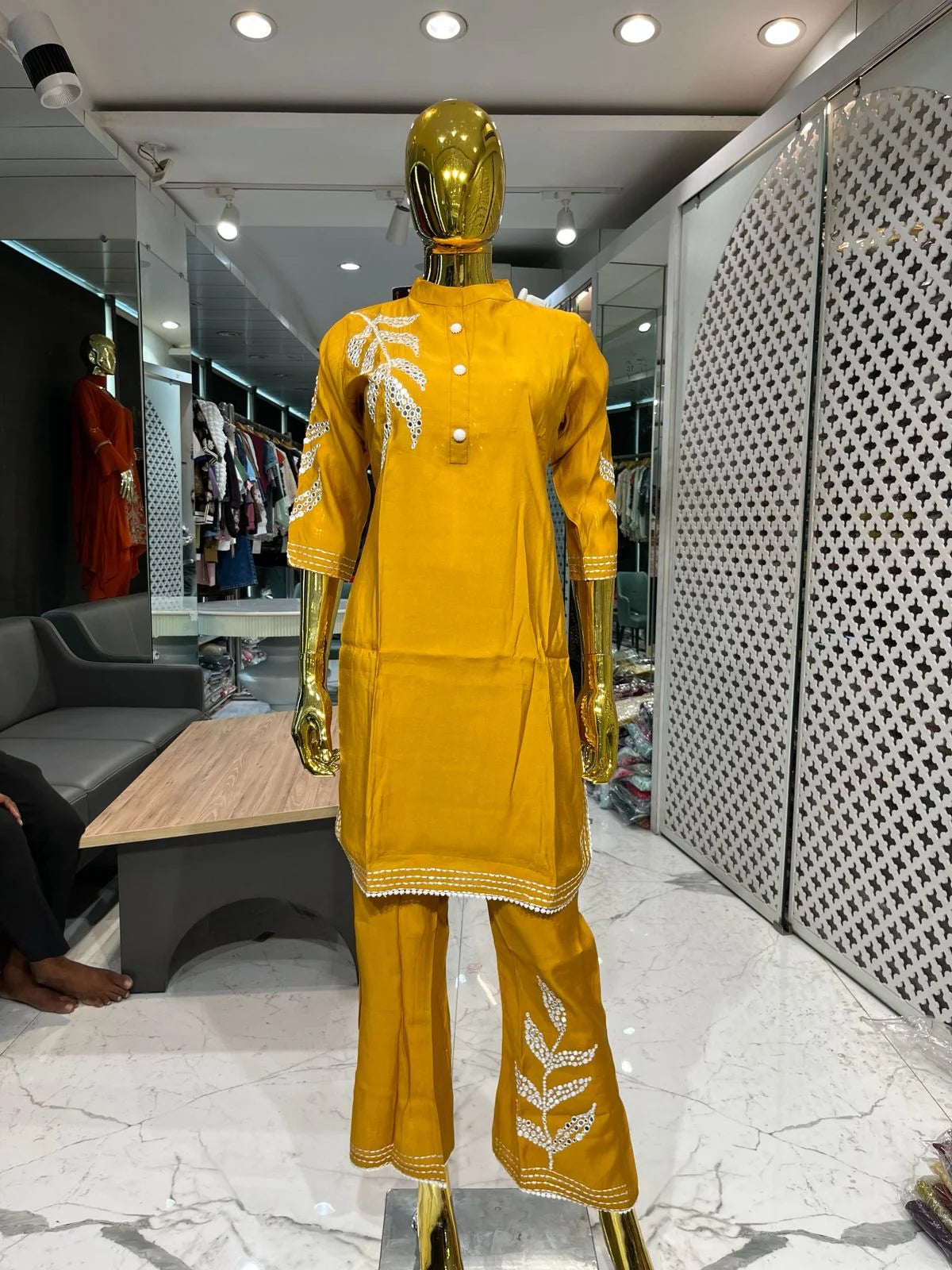 Mustard Yellow Silk Mirror Work 2 Piece Cord Set for Women | Designer Ethnic Co-ord Set