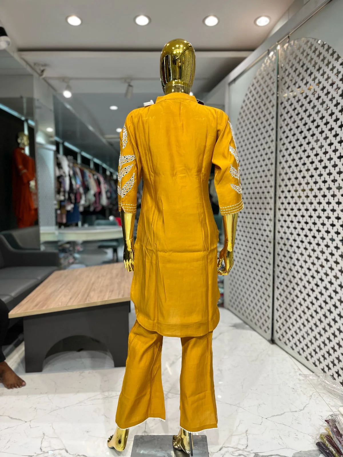 Mustard Yellow Silk Mirror Work 2 Piece Cord Set for Women | Designer Ethnic Co-ord Set