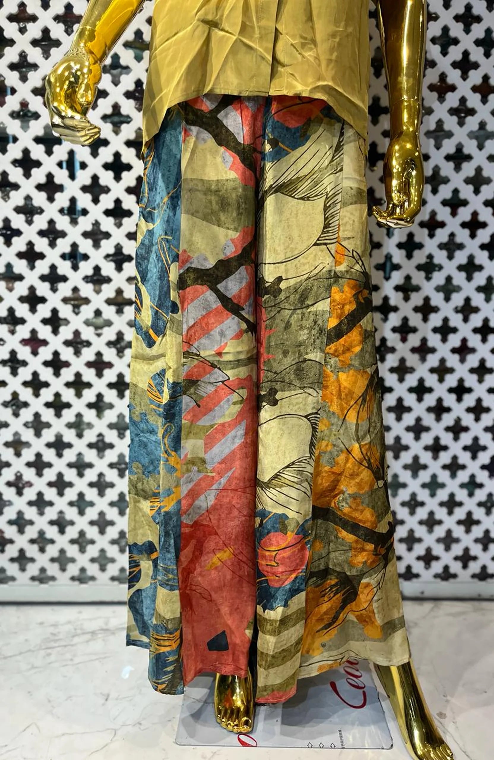 Mustard Yellow Co-Ord Set for Women with Digital Print Palazzo | Natural Crepe Hand Work 2 Piece Cord Set