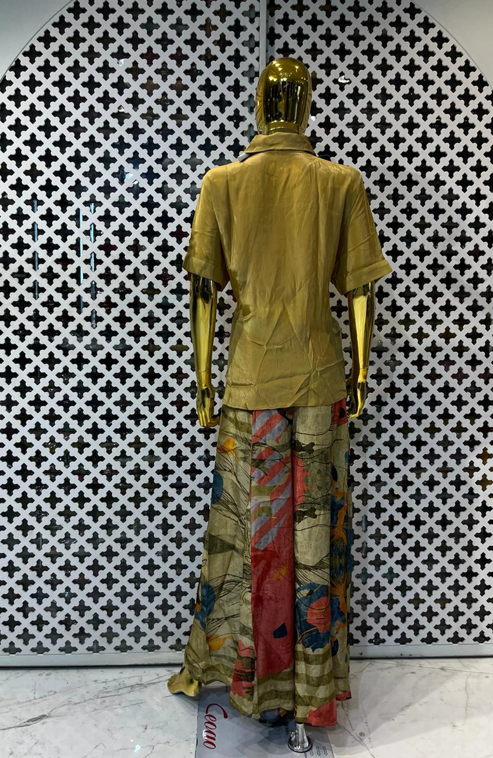 Mustard Yellow Co-Ord Set for Women with Digital Print Palazzo | Natural Crepe Hand Work 2 Piece Cord Set