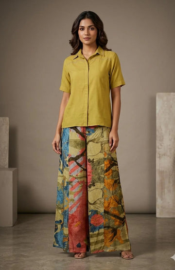 Mustard Yellow Co-Ord Set for Women with Digital Print Palazzo | Natural Crepe Hand Work 2 Piece Cord Set