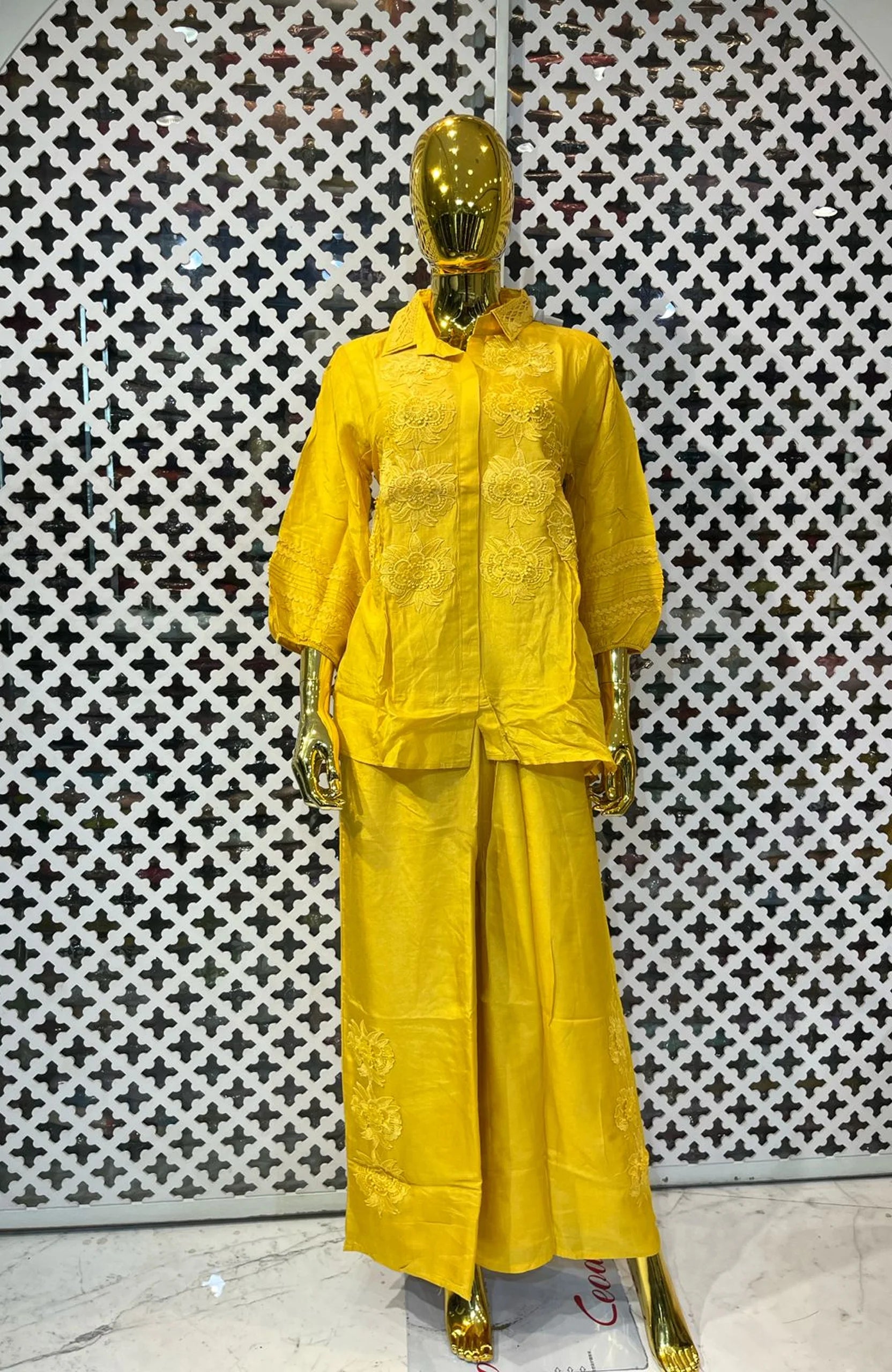 Yellow Pure Chinon Embroidered Co-Ord Set for Women | Patch Work Designer 2 Piece Cord Set