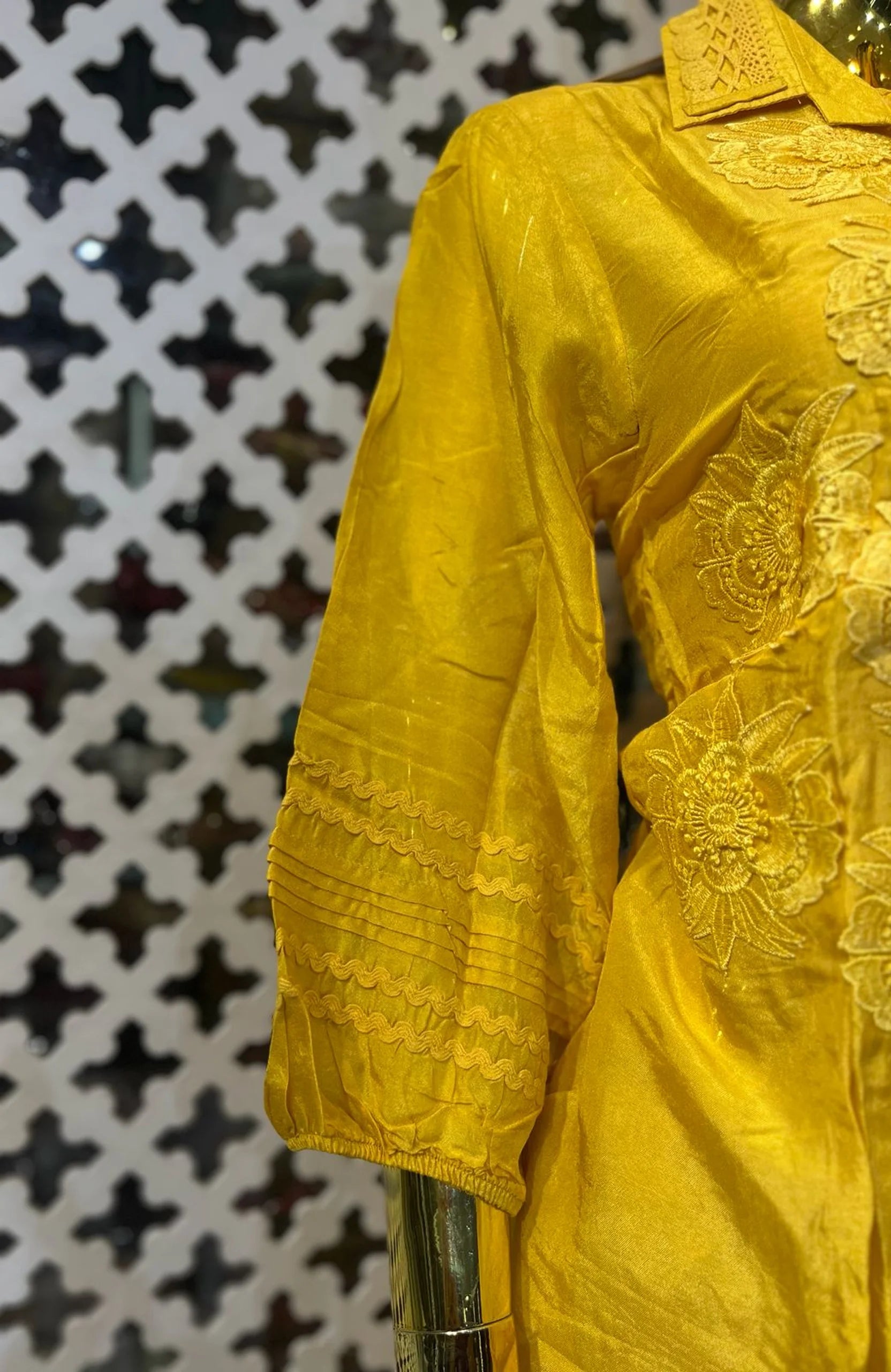 Yellow Pure Chinon Embroidered Co-Ord Set for Women | Patch Work Designer 2 Piece Cord Set