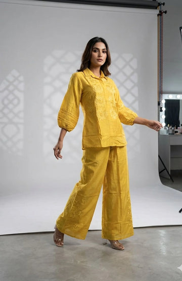 Yellow Pure Chinon Embroidered Co-Ord Set for Women | Patch Work Designer 2 Piece Cord Set