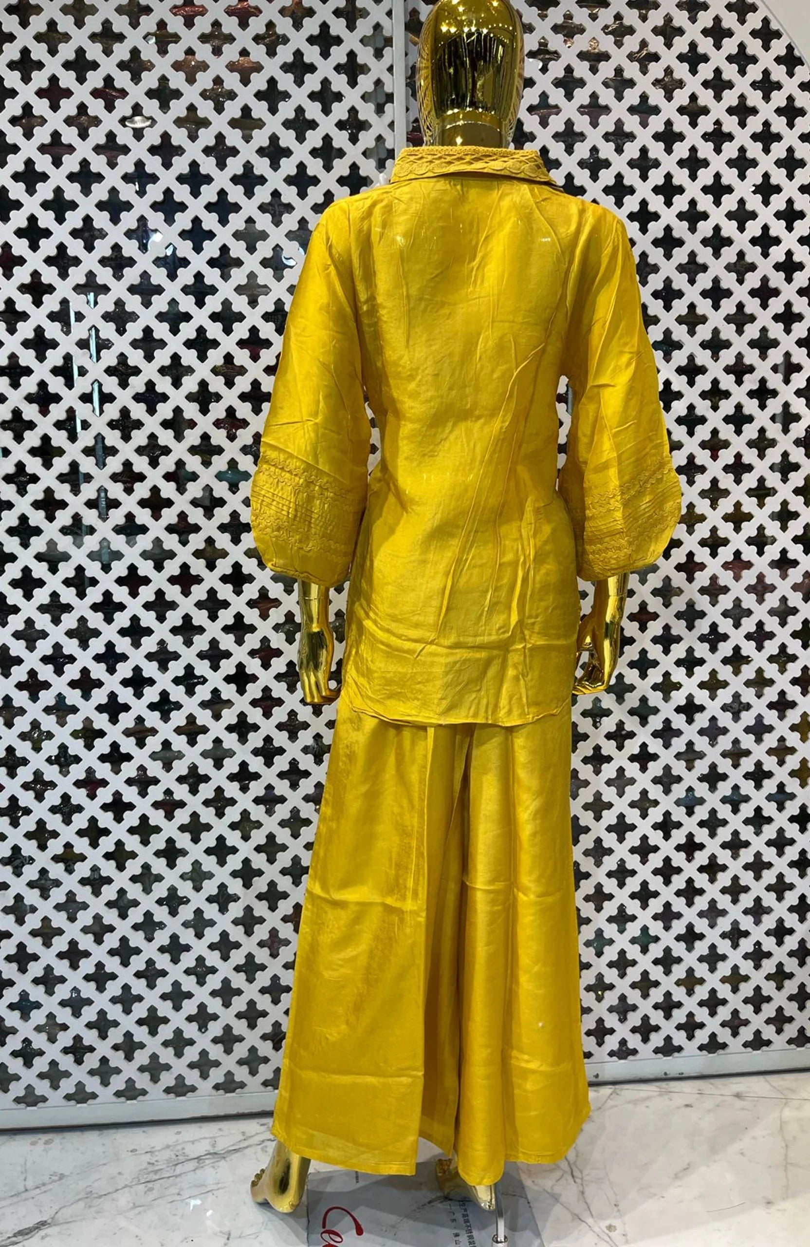 Yellow Pure Chinon Embroidered Co-Ord Set for Women | Patch Work Designer 2 Piece Cord Set