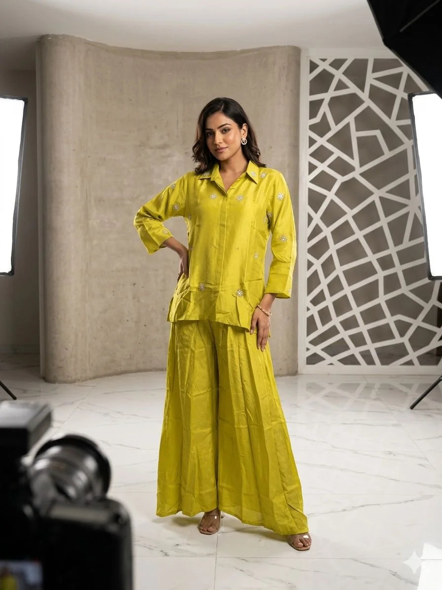 Lemon Yellow Pure Silk Jardosi & Handwork 2 Piece Cord Set for Women | Designer Ethnic Co-ord Set