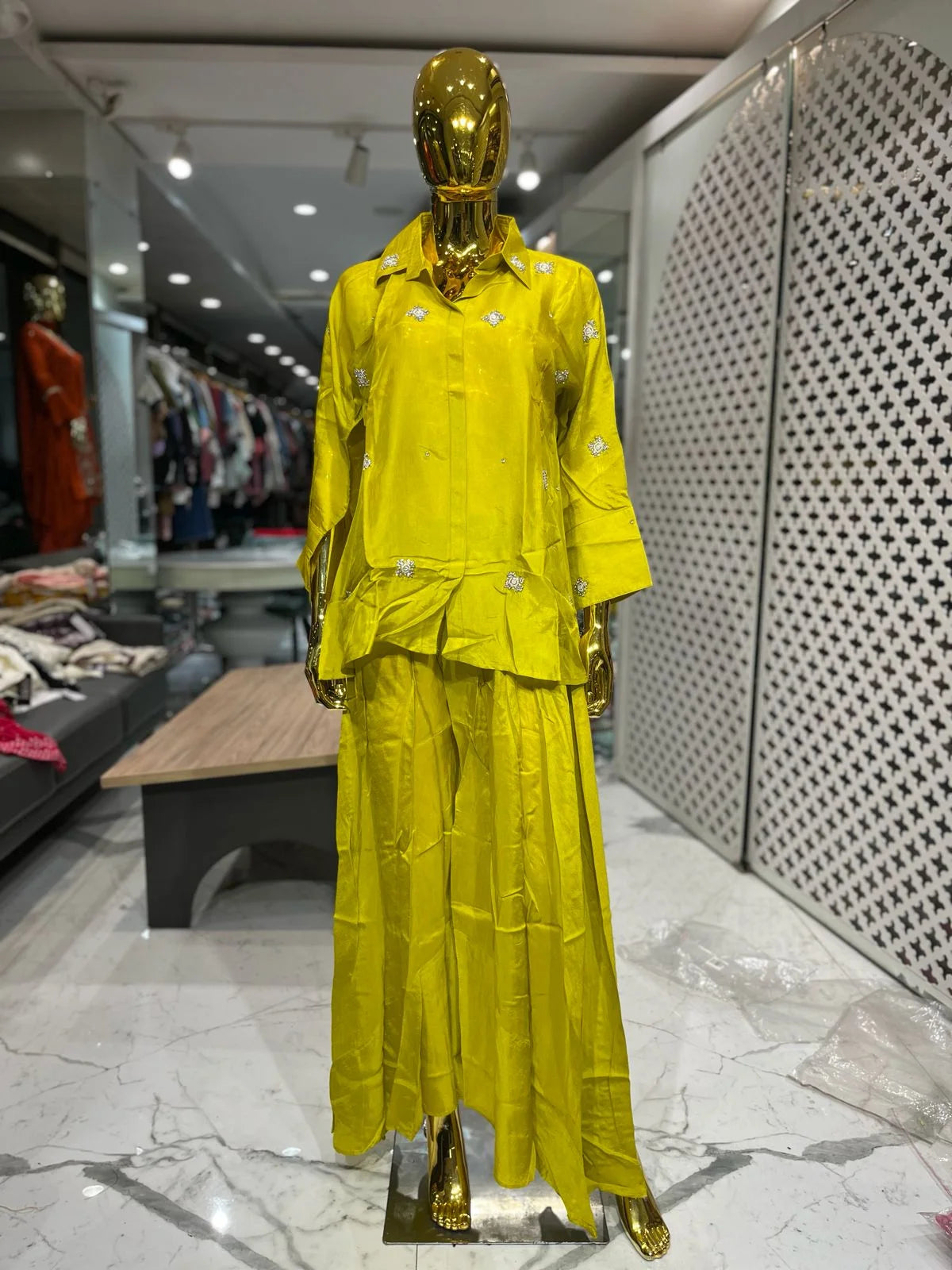 Lemon Yellow Pure Silk Jardosi & Handwork 2 Piece Cord Set for Women | Designer Ethnic Co-ord Set