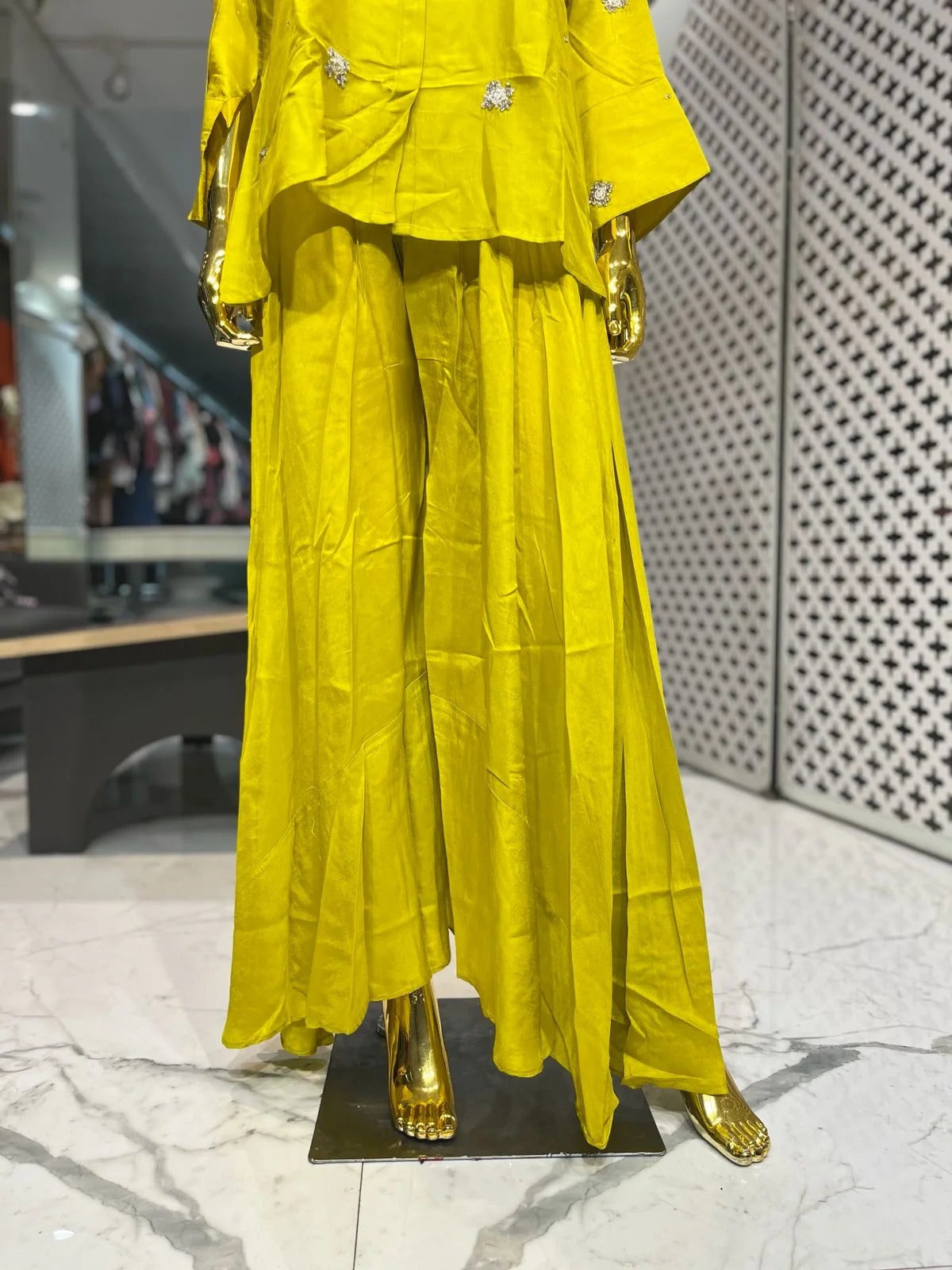 Lemon Yellow Pure Silk Jardosi & Handwork 2 Piece Cord Set for Women | Designer Ethnic Co-ord Set