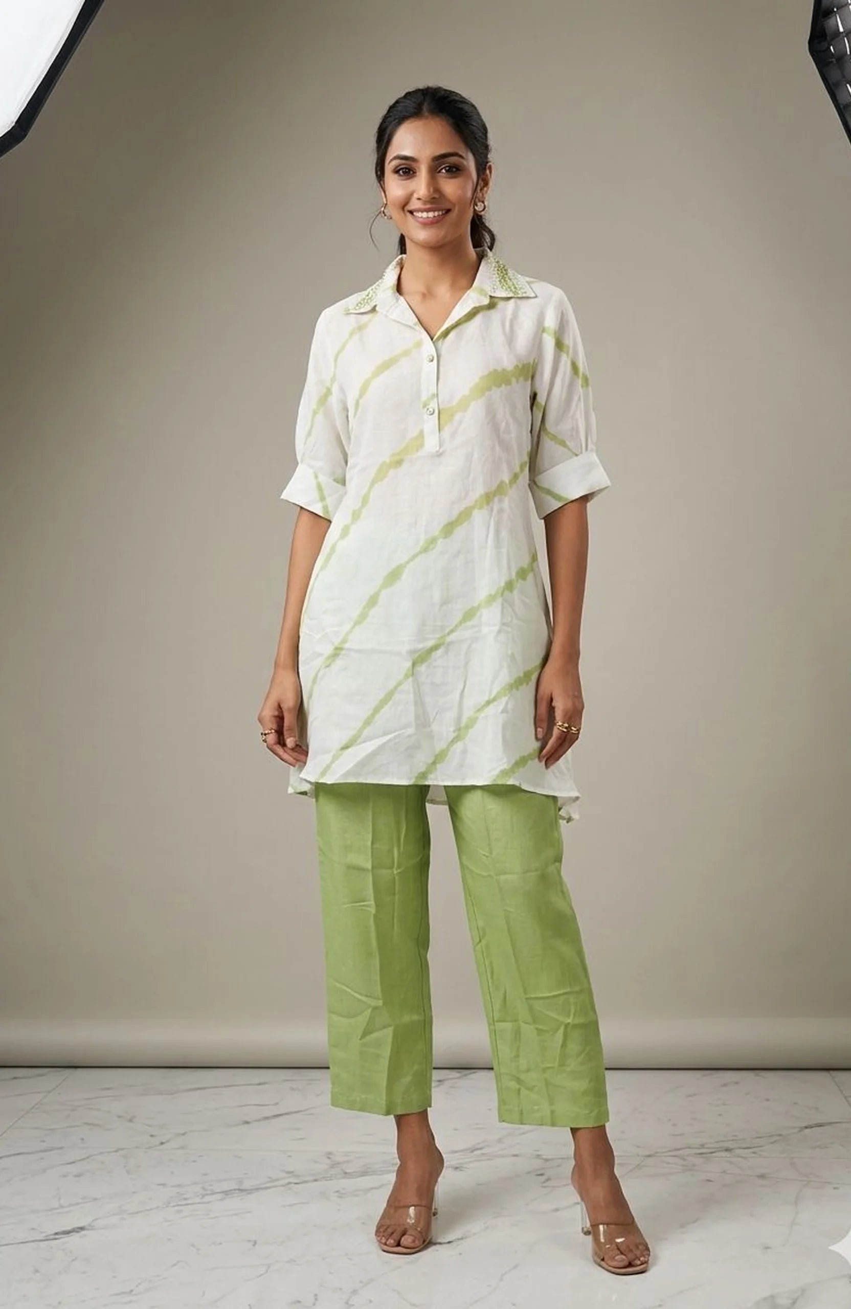 White Pure Silk Leheriya Print Co-Ord Set for Women | Elegant 2 Piece Designer Cord Set