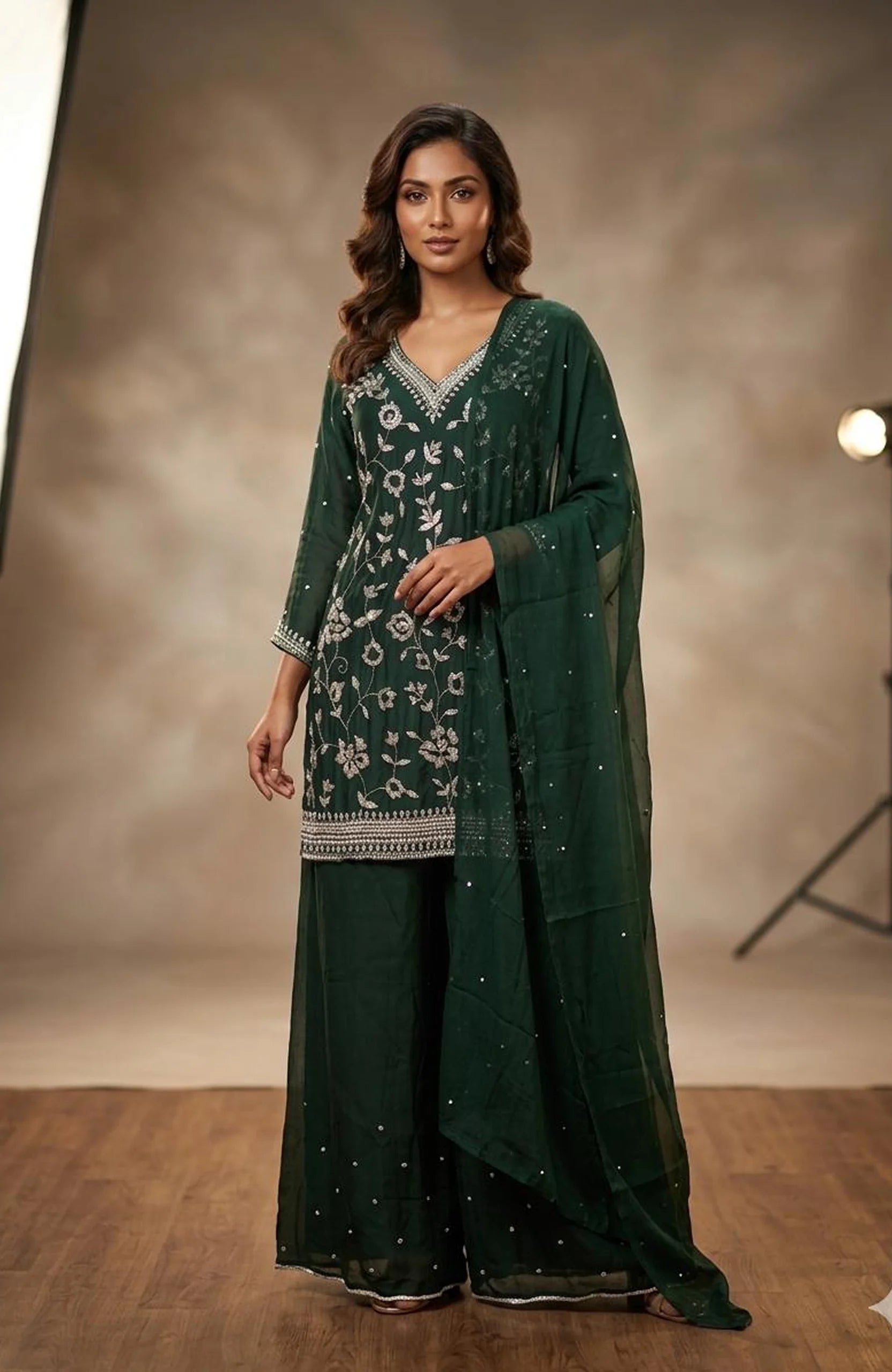 Mehandi Green Pure Chinon Handwork 3 Piece Palazzo Set for Women | Designer Ethnic Wear