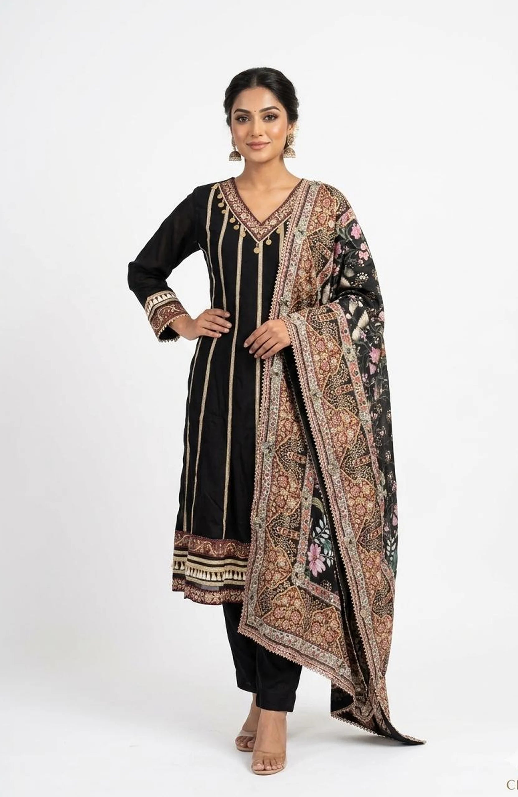 Black Pure Viscose Coin Work 3 Piece Kurti Pant Dupatta Set for Women | Designer Ethnic Wear