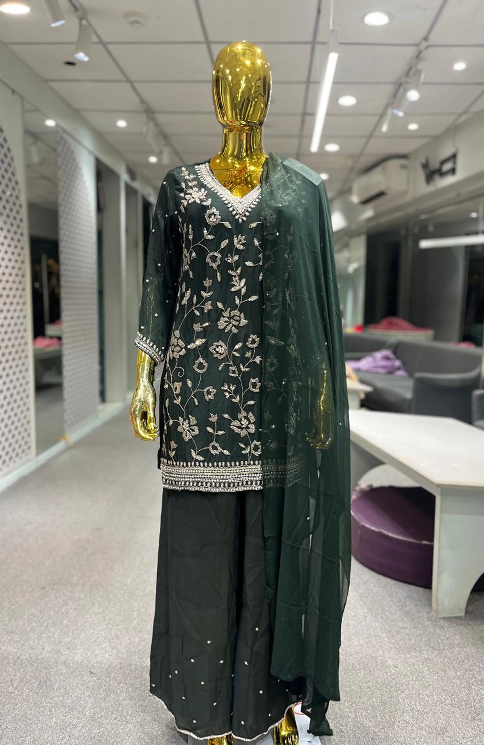 Mehandi Green Pure Chinon Handwork 3 Piece Palazzo Set for Women | Designer Ethnic Wear