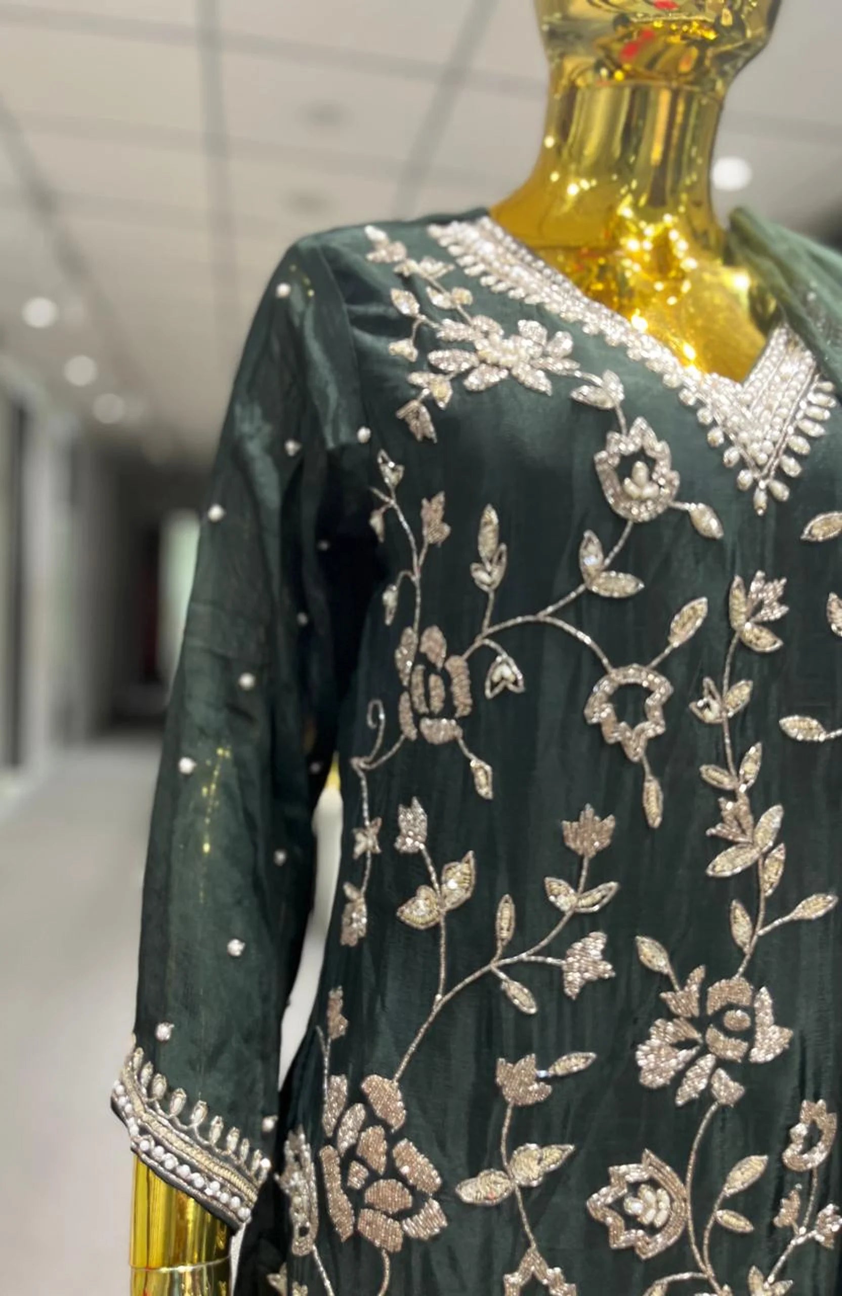 Mehandi Green Pure Chinon Handwork 3 Piece Palazzo Set for Women | Designer Ethnic Wear