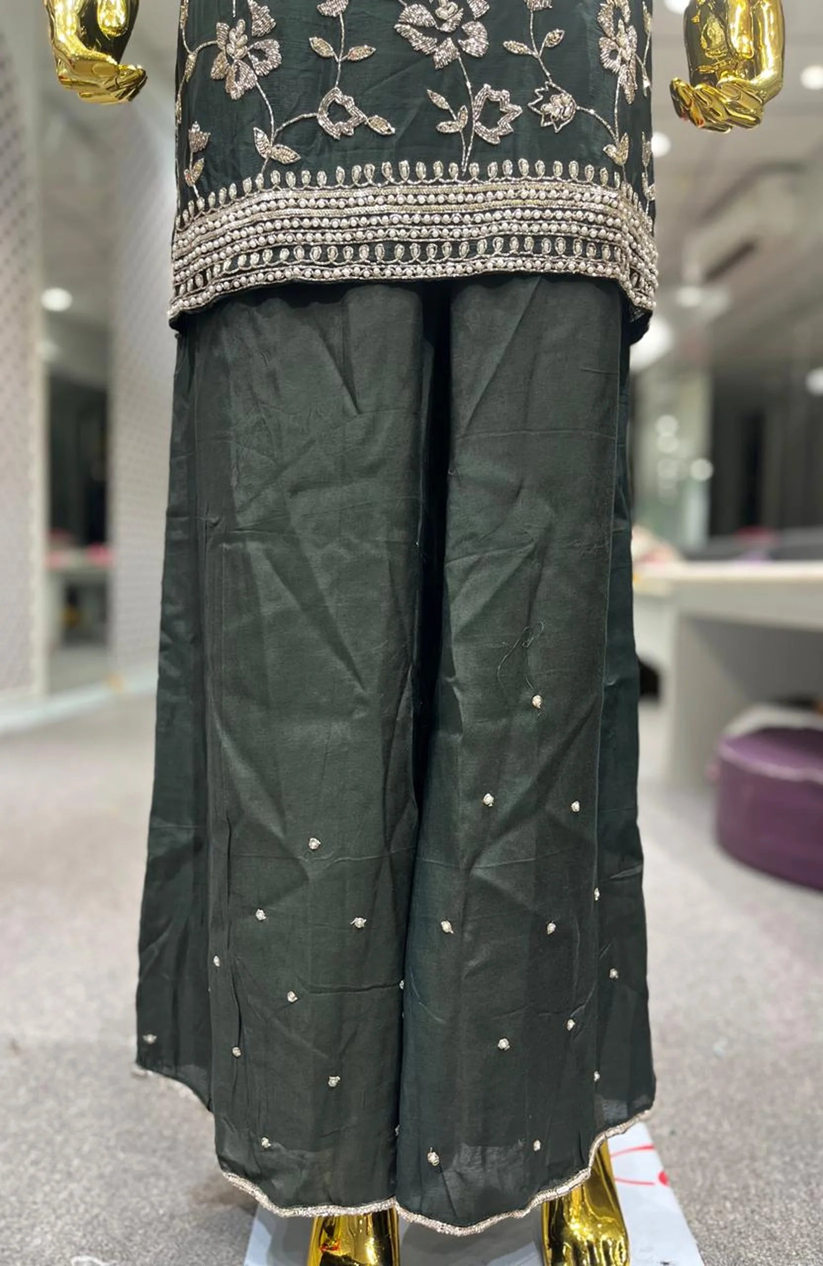 Mehandi Green Pure Chinon Handwork 3 Piece Palazzo Set for Women | Designer Ethnic Wear