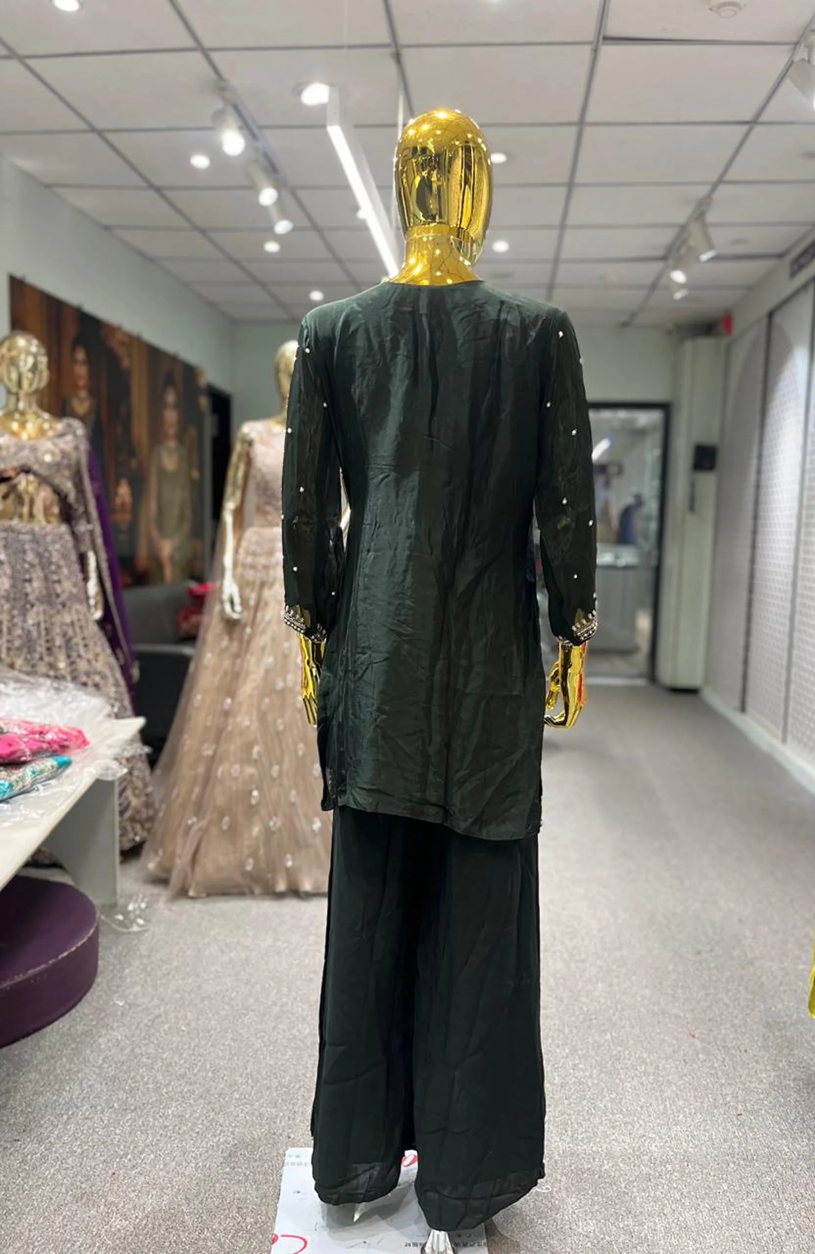 Mehandi Green Pure Chinon Handwork 3 Piece Palazzo Set for Women | Designer Ethnic Wear
