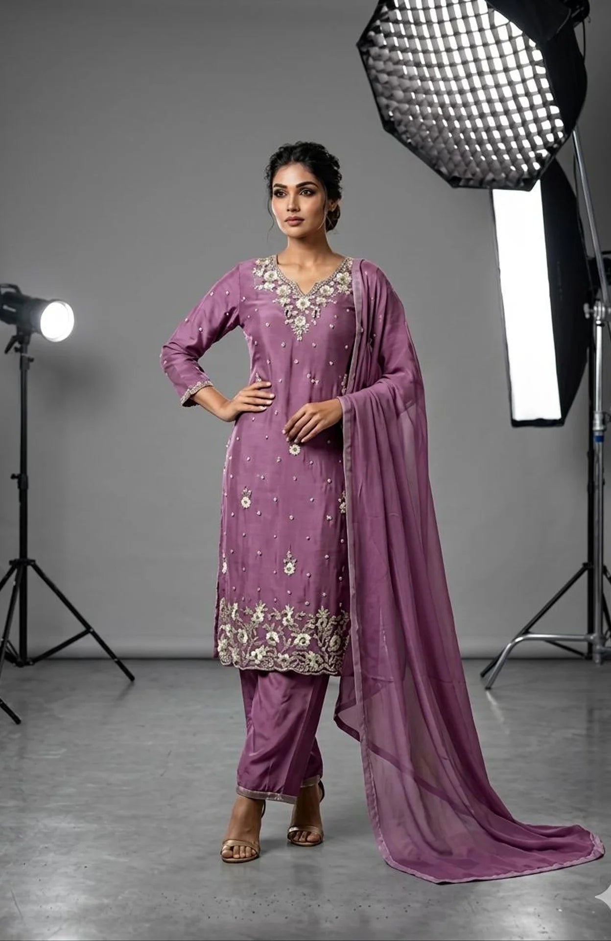 Onion Pure Chinon Handwork 3 Piece Fancy Palazzo Set for Women | Designer Ethnic Wear