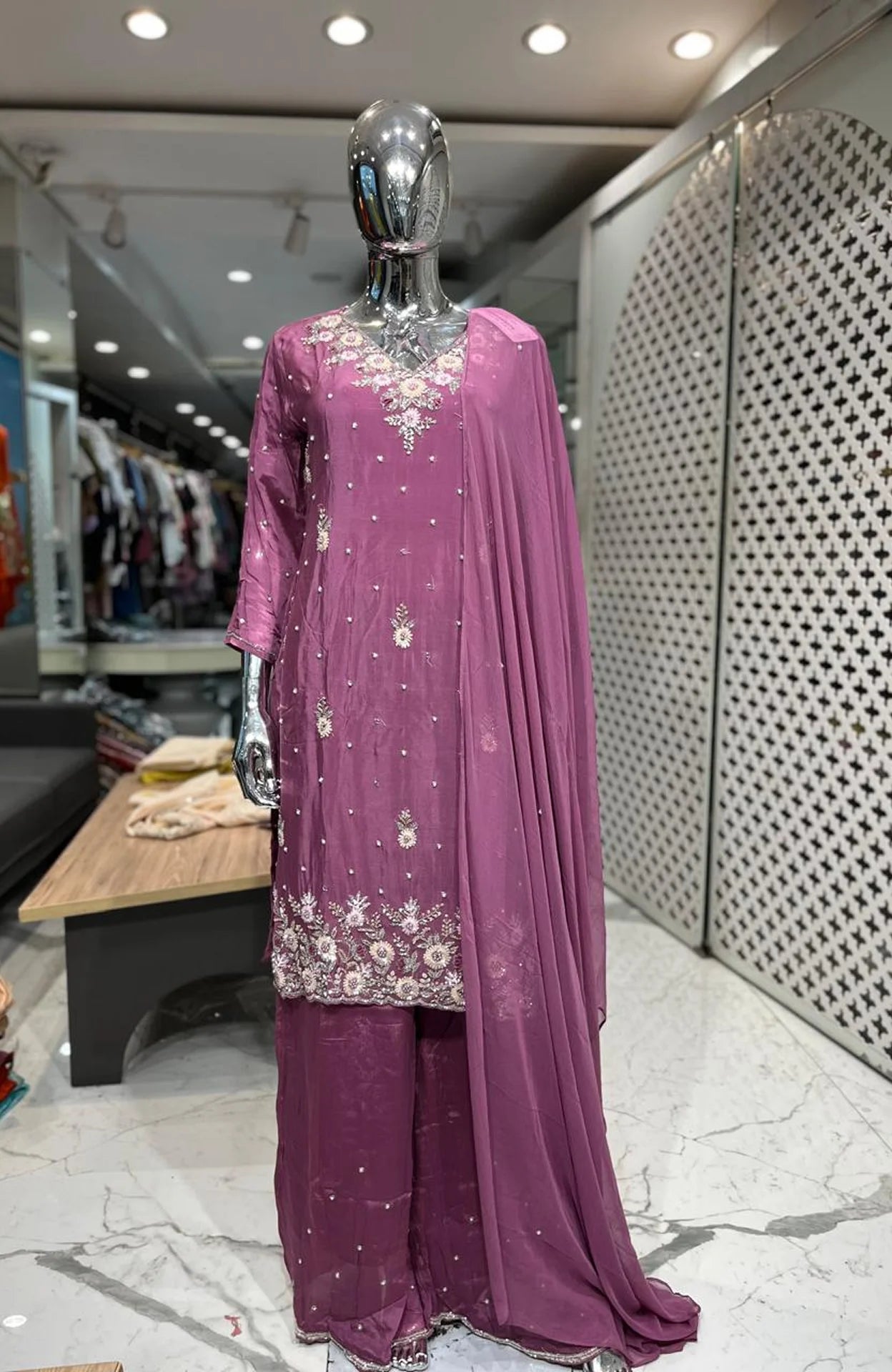 Onion Pure Chinon Handwork 3 Piece Fancy Palazzo Set for Women | Designer Ethnic Wear