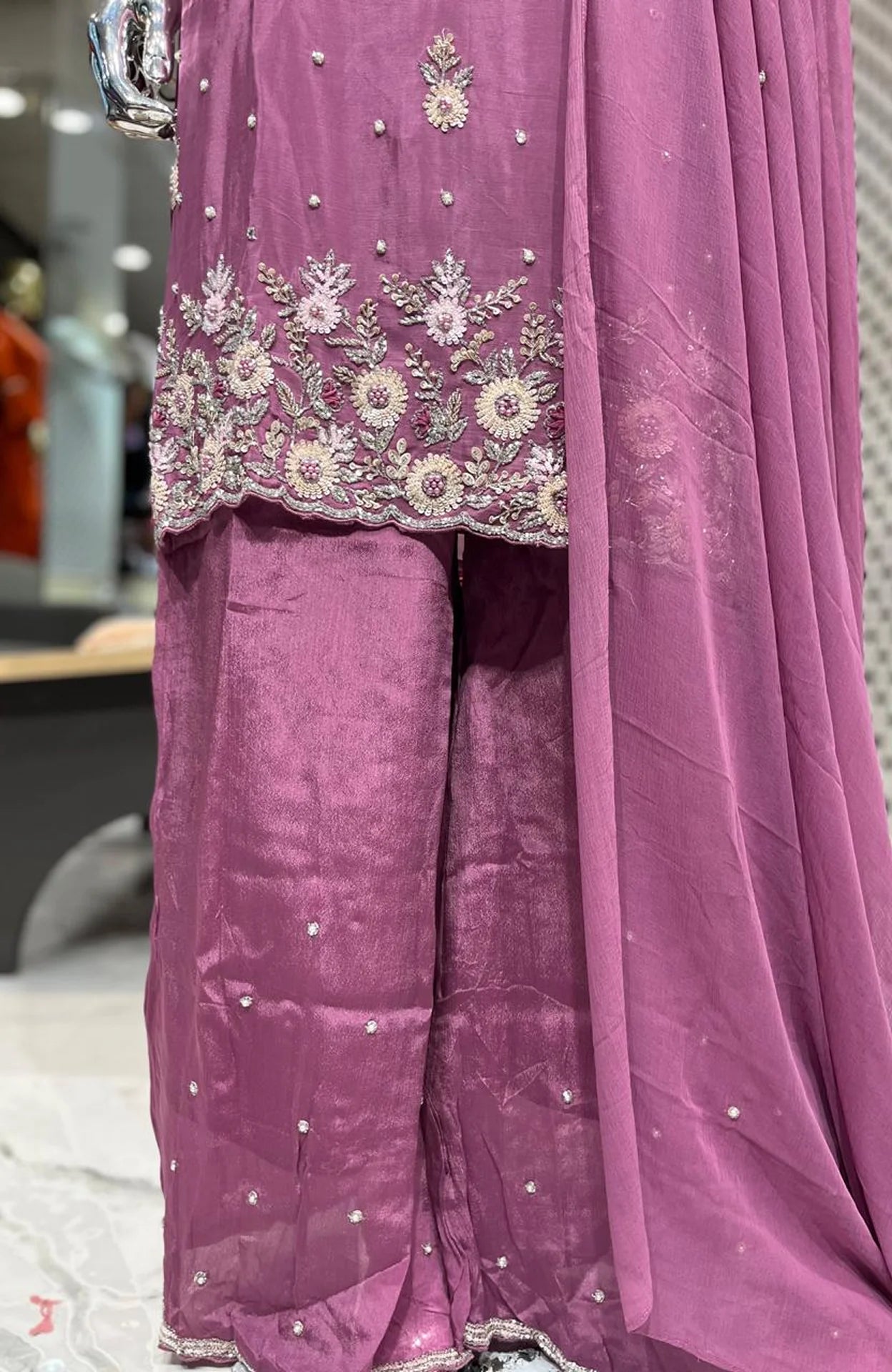 Onion Pure Chinon Handwork 3 Piece Fancy Palazzo Set for Women | Designer Ethnic Wear