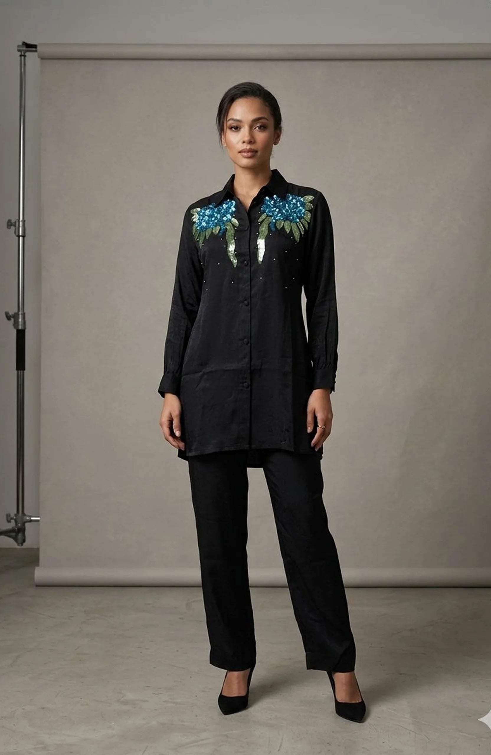 Black Velvet Sequin Hand Work Co-Ord Set for Women | Luxury Designer 2 Piece Cord Set