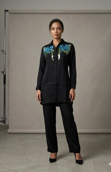 Black Velvet Sequin Hand Work Co-Ord Set for Women | Luxury Designer 2 Piece Cord Set