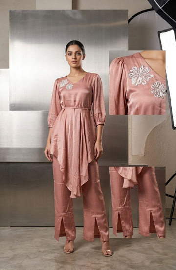 Peach Hand Work Co-Ord Set for Women | Premium Natural Crepe Designer Cord Set