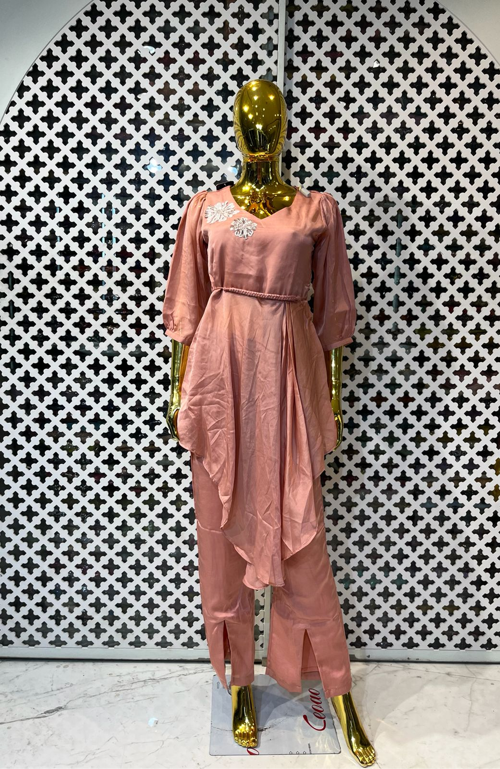 Peach Hand Work Co-Ord Set for Women | Premium Natural Crepe Designer Cord Set