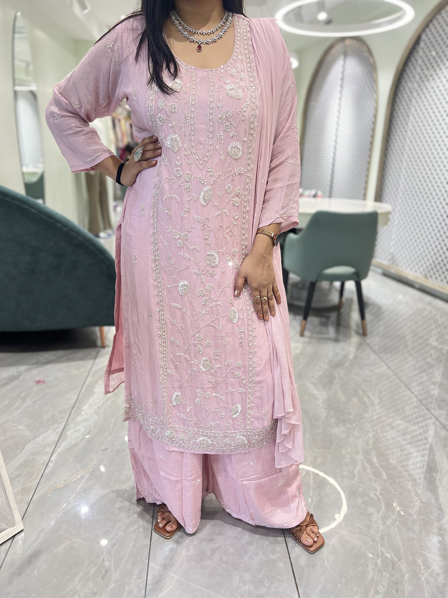 Lite Pink Embroidery Chinon Three Piece - RGORICT 479 16