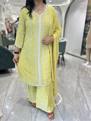Lime Yellow Embroidery Chinon Three Piece - RGORICT 479 18