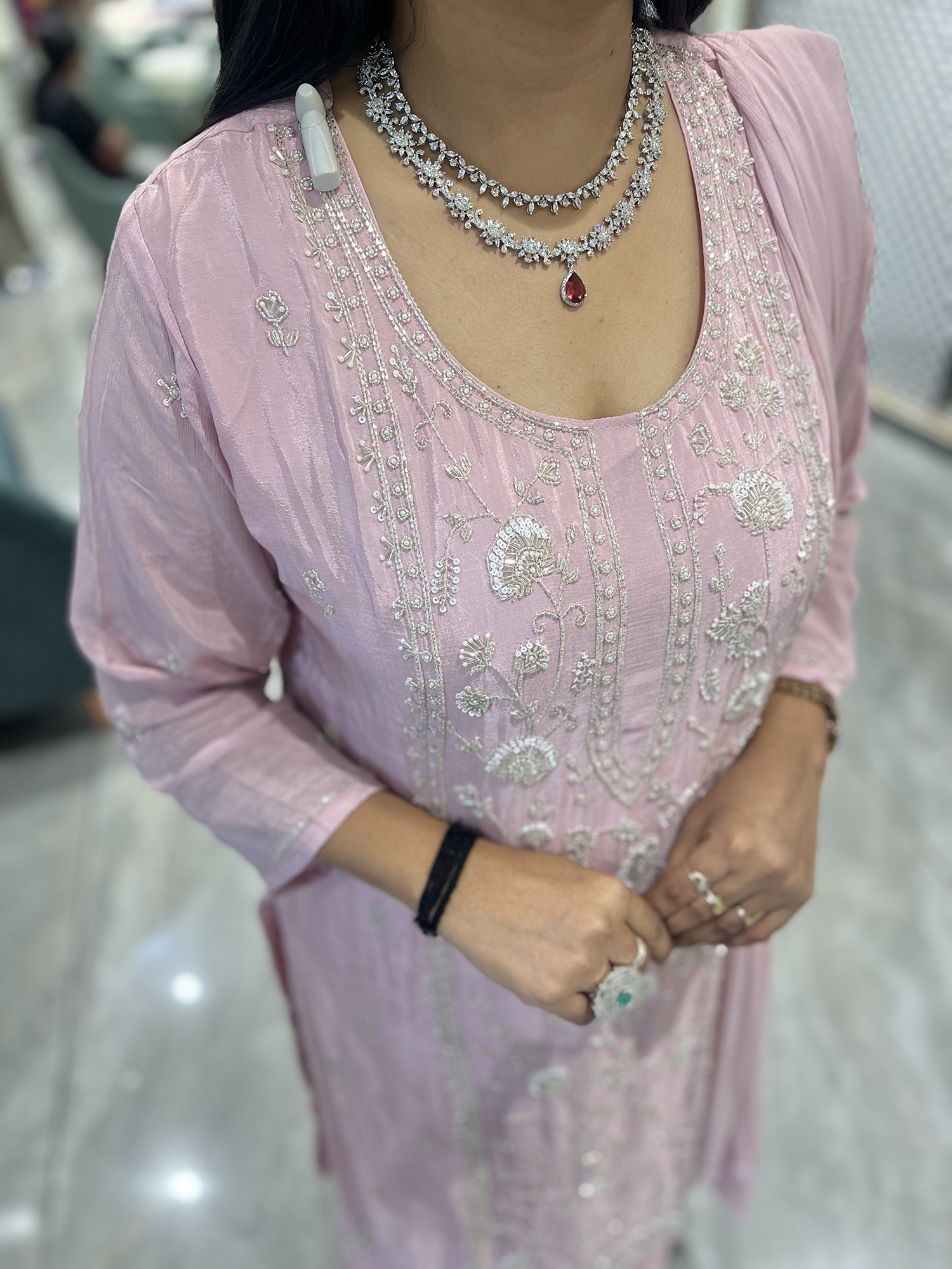 Lite Pink Embroidery Chinon Three Piece - RGORICT 479 16