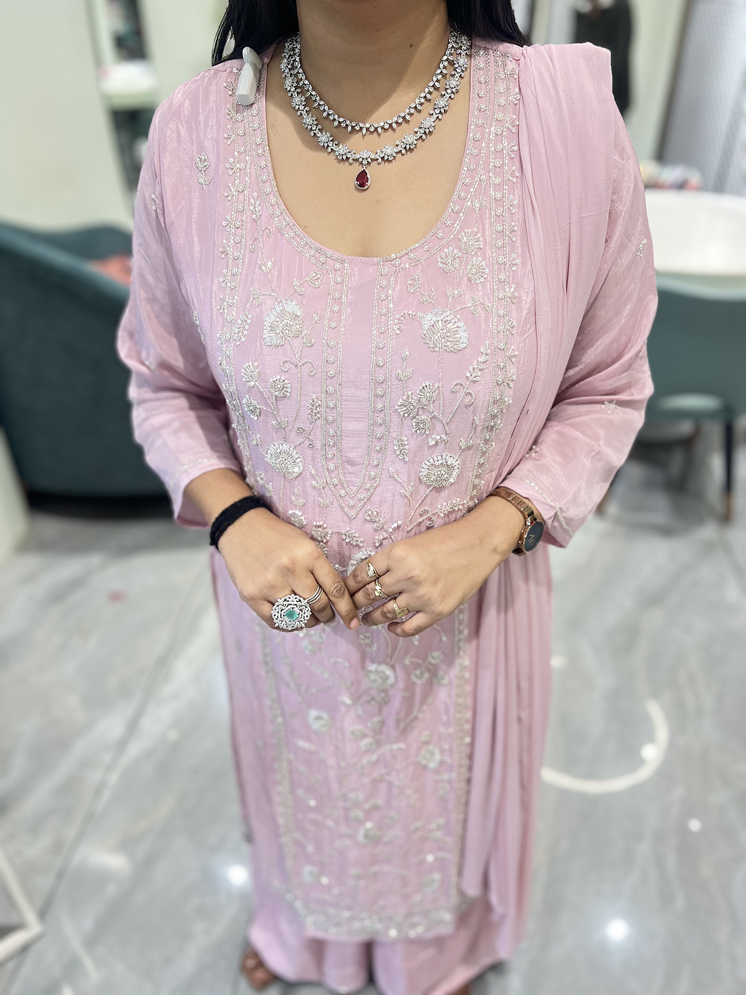 Lite Pink Embroidery Chinon Three Piece - RGORICT 479 16