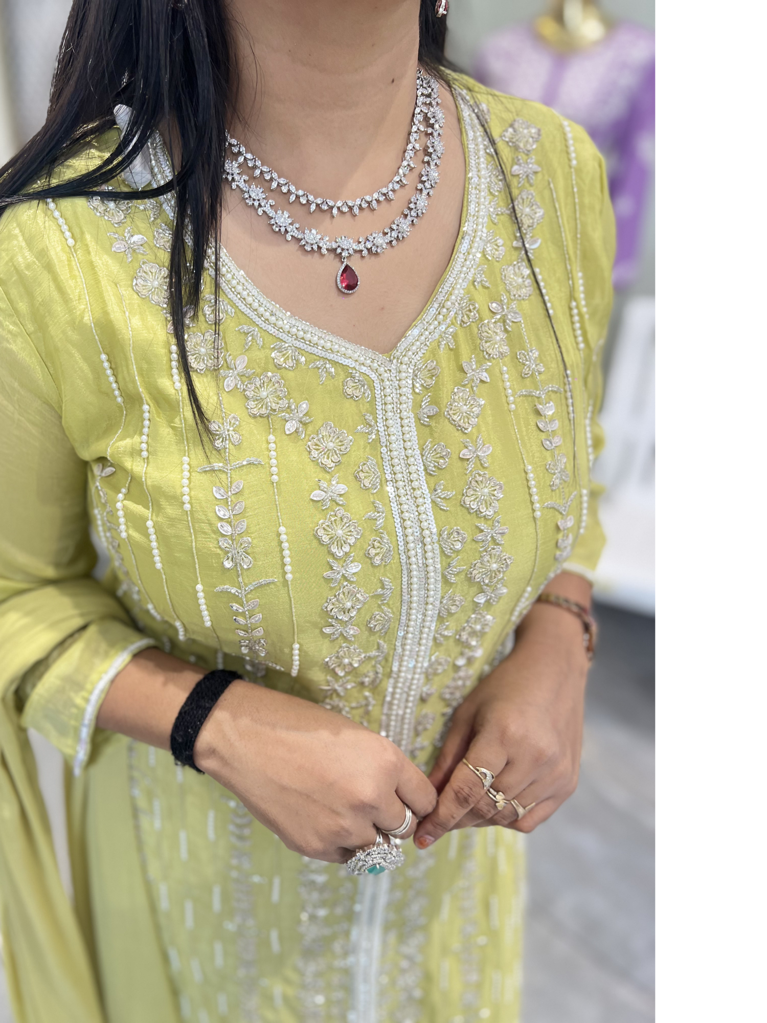 Lime Yellow Embroidery Chinon Three Piece - RGORICT 479 18