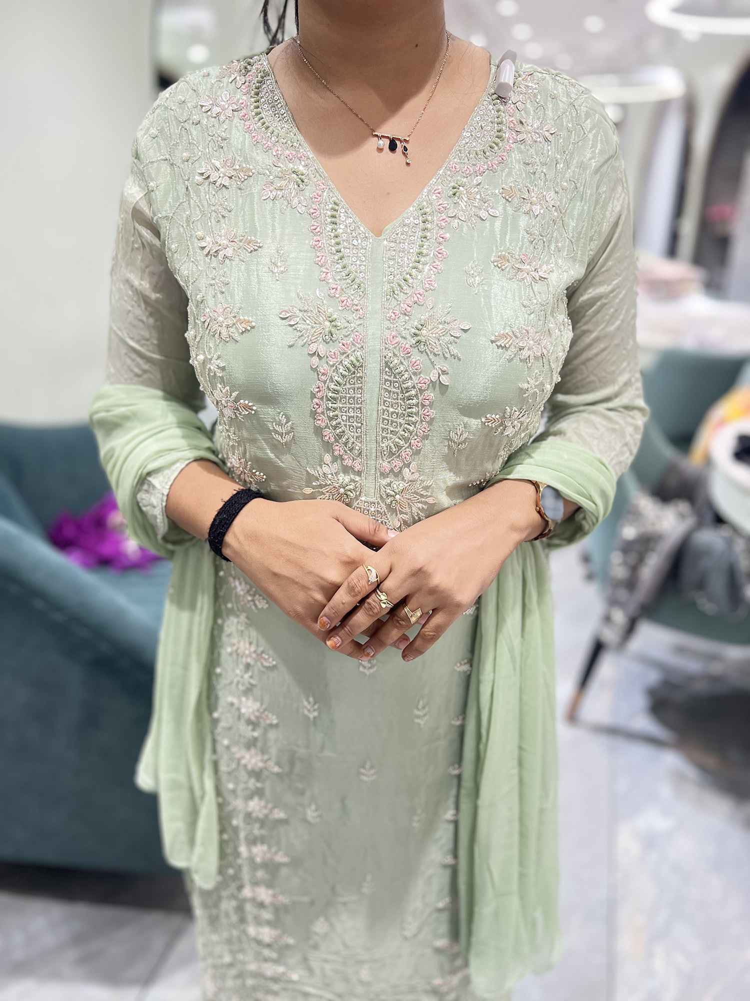 Mint Green Embroidery Chinon Three Piece - RGORICT 479 20