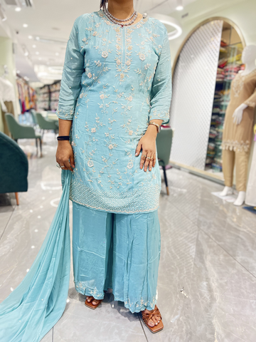 Sky Blue Embroidery Georgette Three Piece - RGORICT 481 6